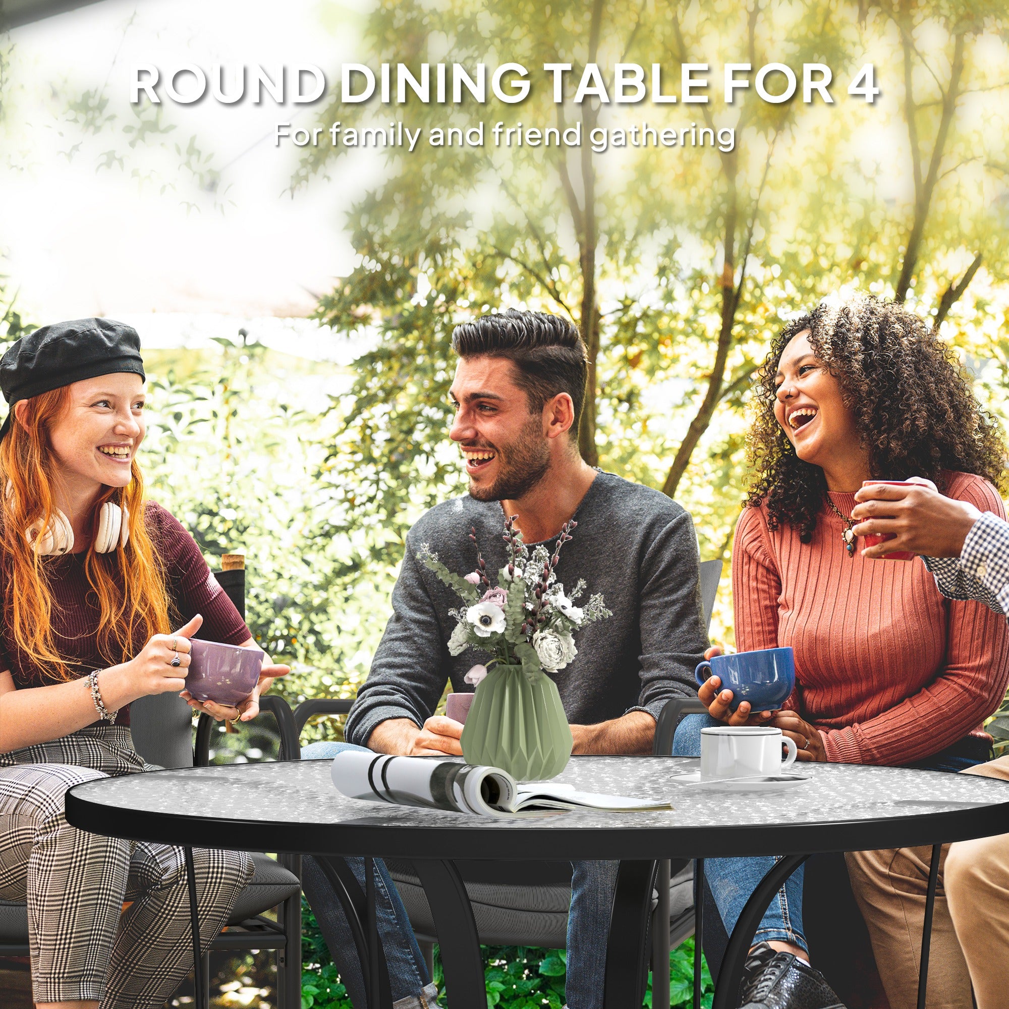 Outsunny Round Outdoor Dining Table with Parasol Hole, Tempered Glass