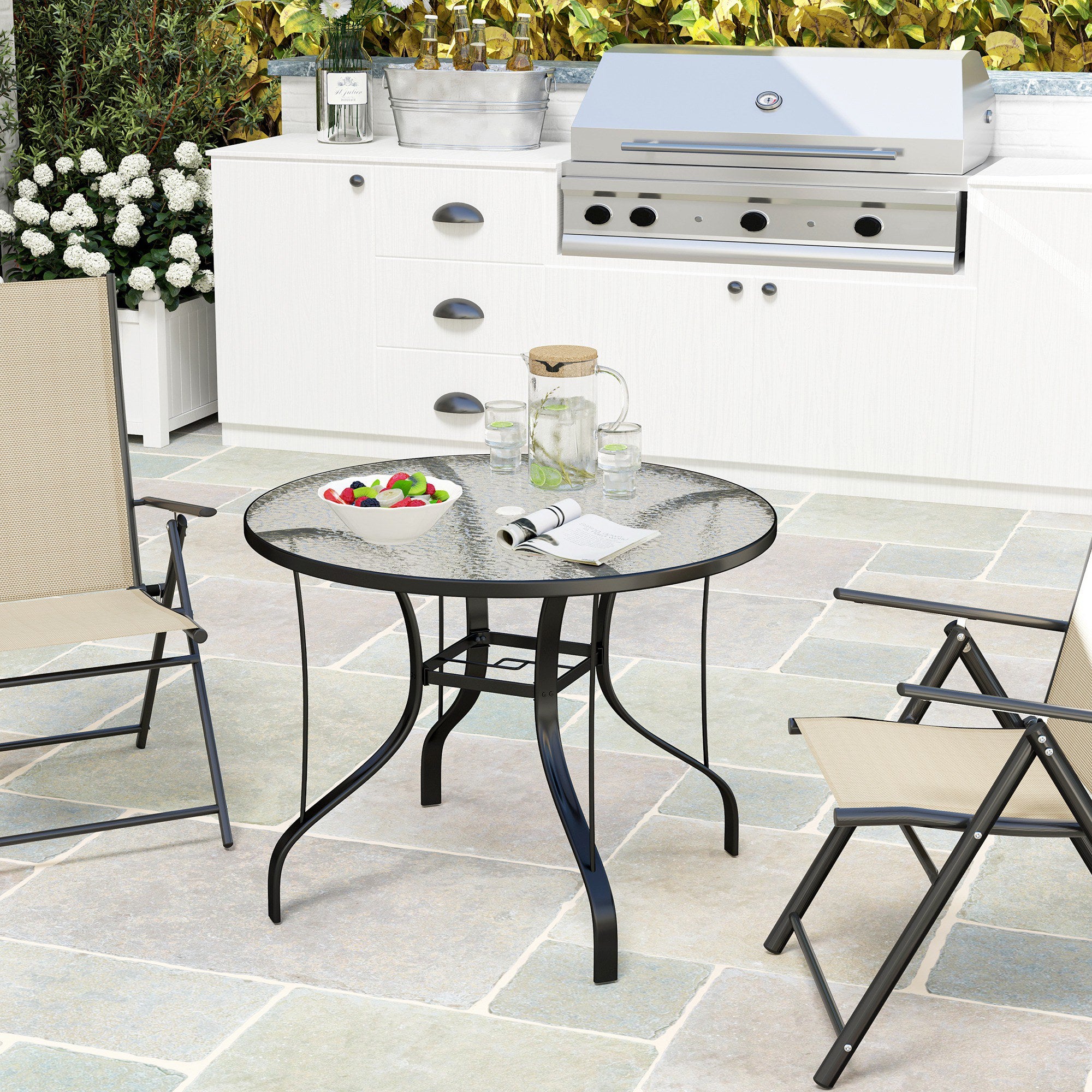 Outsunny Round Outdoor Dining Table with Parasol Hole, Tempered Glass