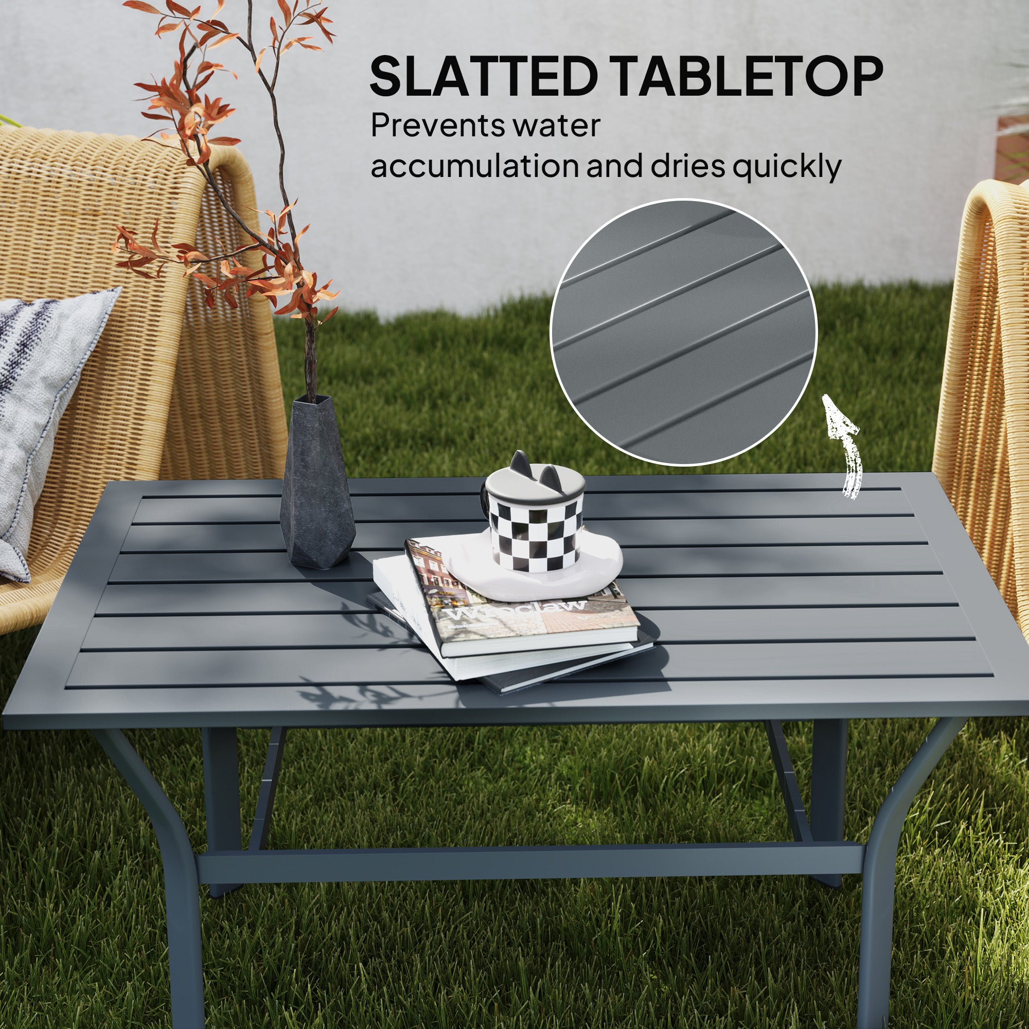 Outsunny Metal Garden Coffee Table with Slatted Top, Dark Grey