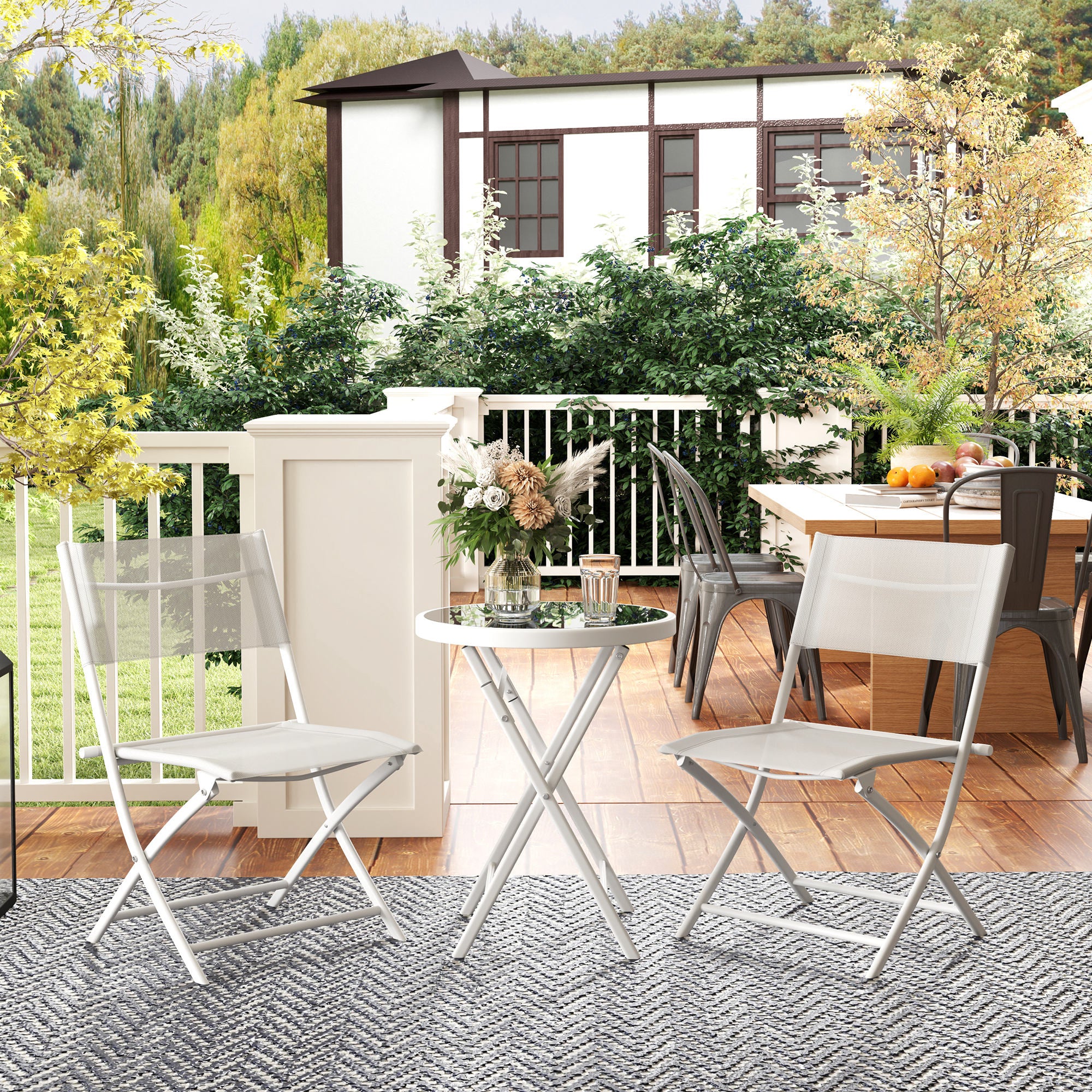 Outsunny 3-Piece Folding Outdoor Bistro Set, Glass Table, White