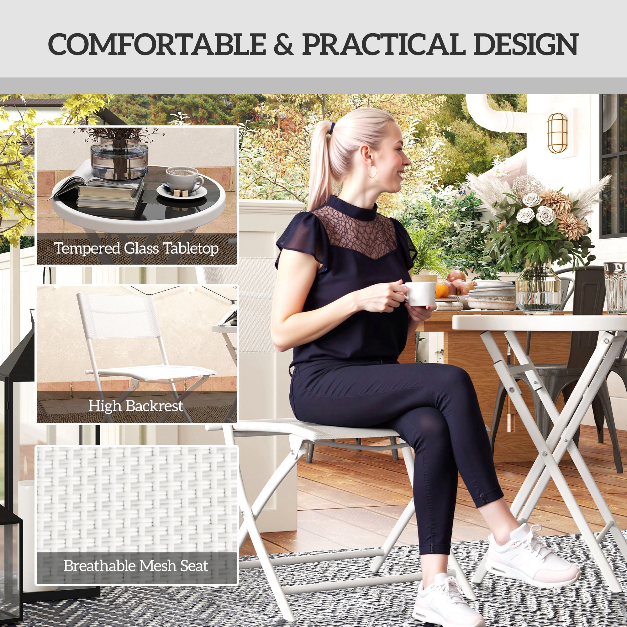 Outsunny 3-Piece Folding Outdoor Bistro Set, Glass Table, White