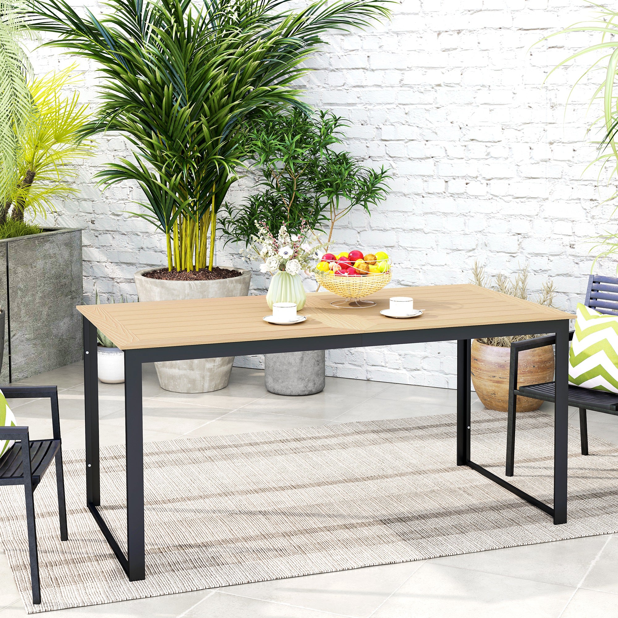 Outsunny 6-Seater Garden Table, Slatted Top, Metal Frame, Teak