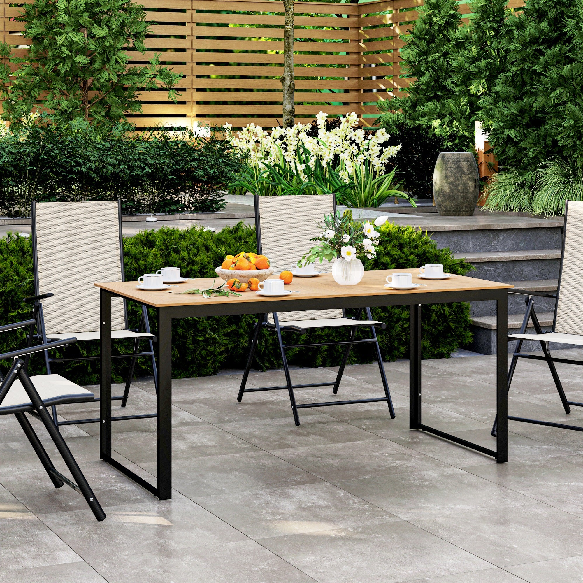 Outsunny 6-Seater Garden Table, Slatted Top, Metal Frame, Teak