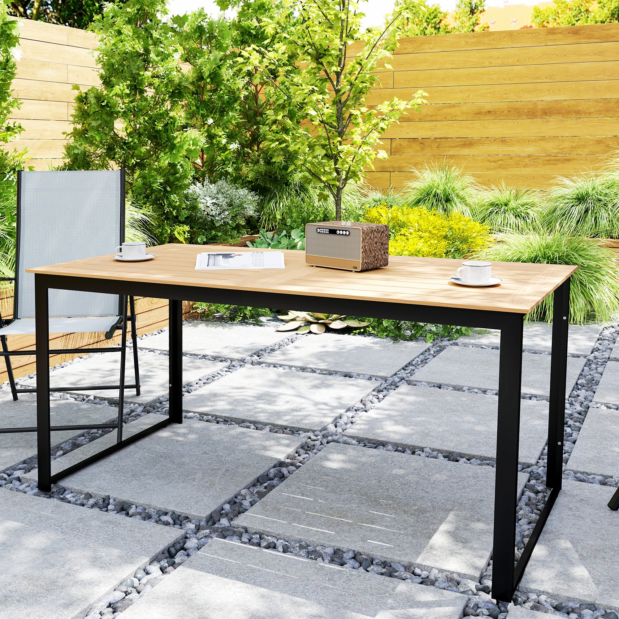 Outsunny 6-Seater Garden Table, Slatted Top, Metal Frame, Teak