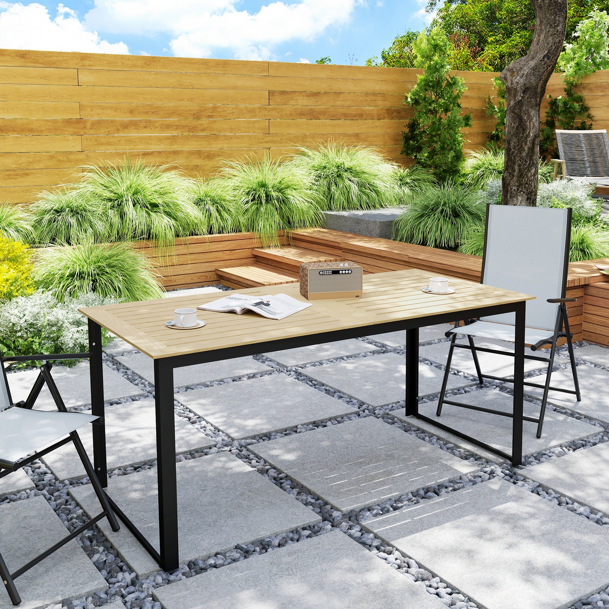 Outsunny 6-Seater Garden Dining Table with Slatted Top, Teak