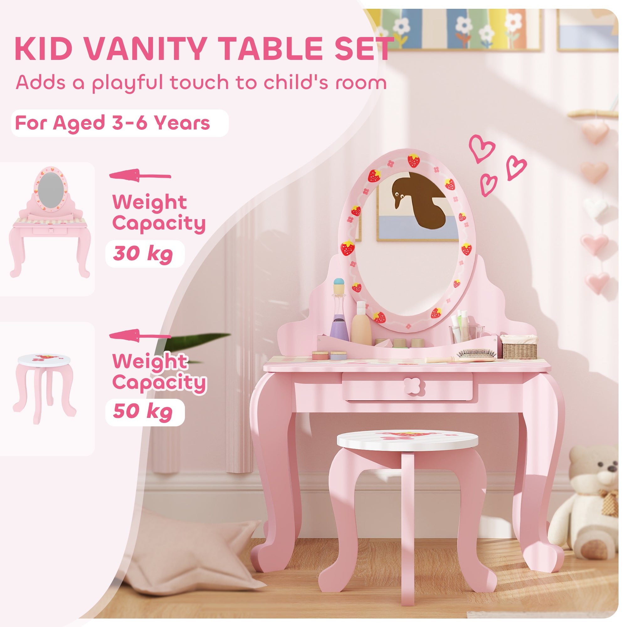 AIYAPLAY Kids Vanity Table Set with Stool and Mirror