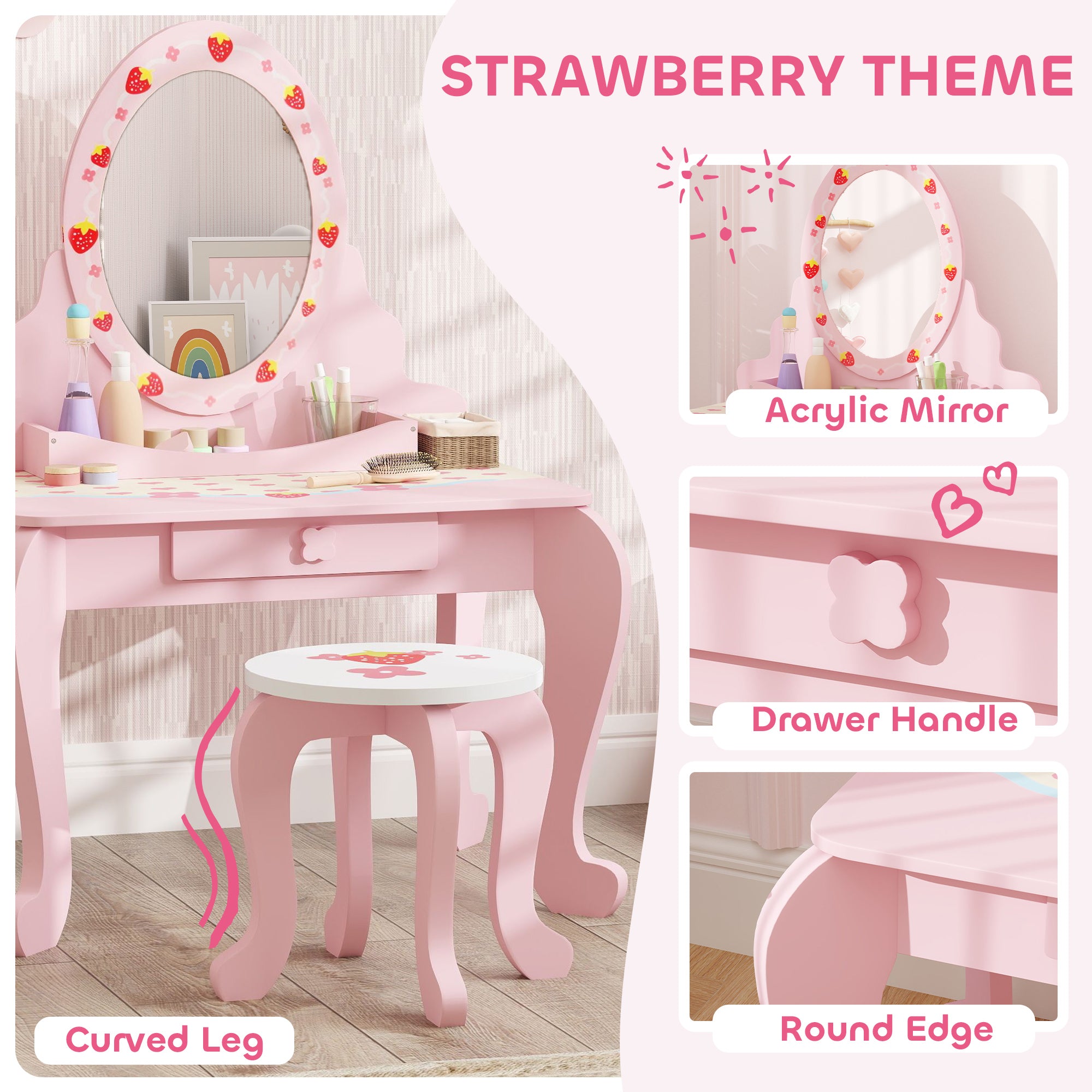 AIYAPLAY Kids Vanity Table Set with Stool and Mirror