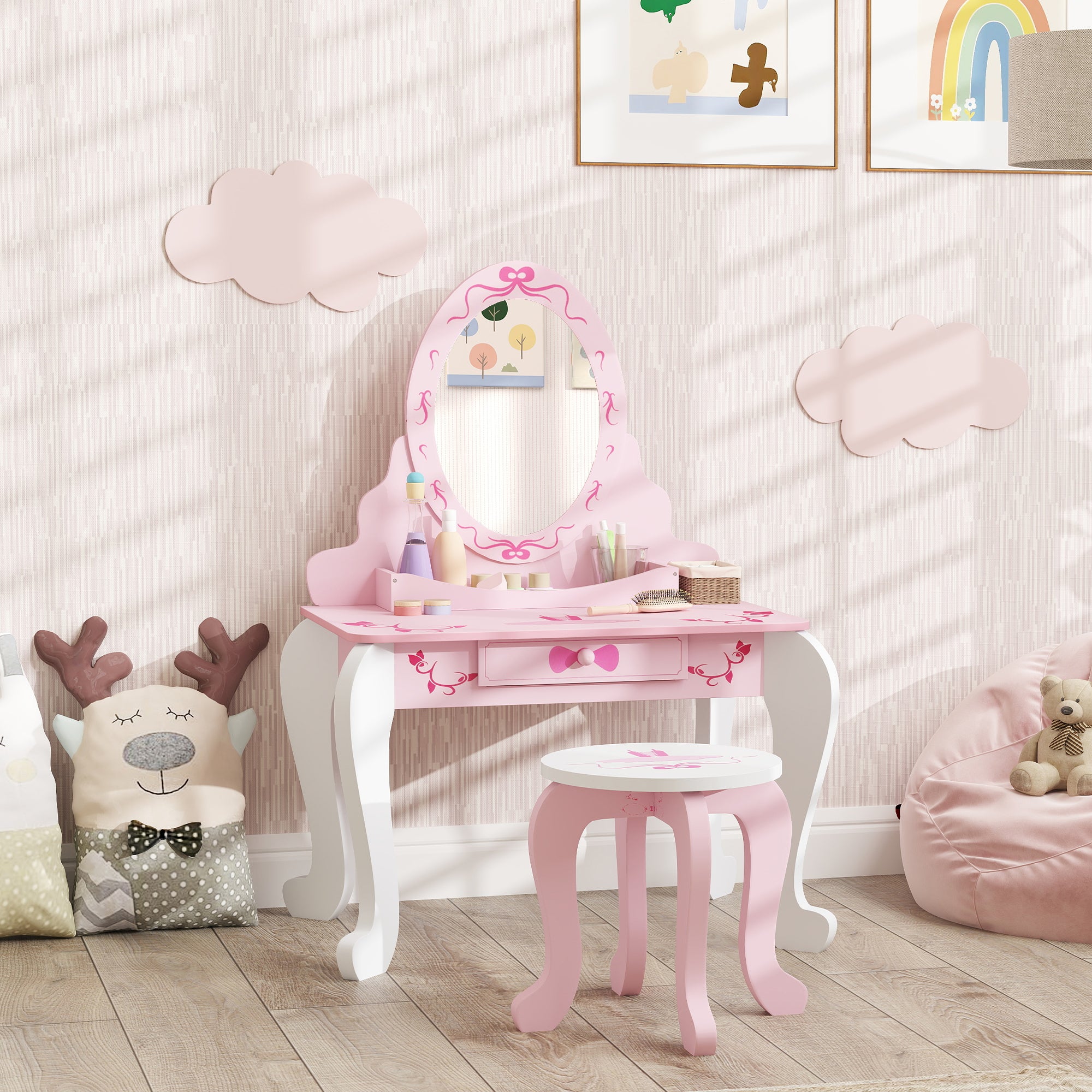 Kids Ballet Print Vanity Set with Mirror, Stool and Storage