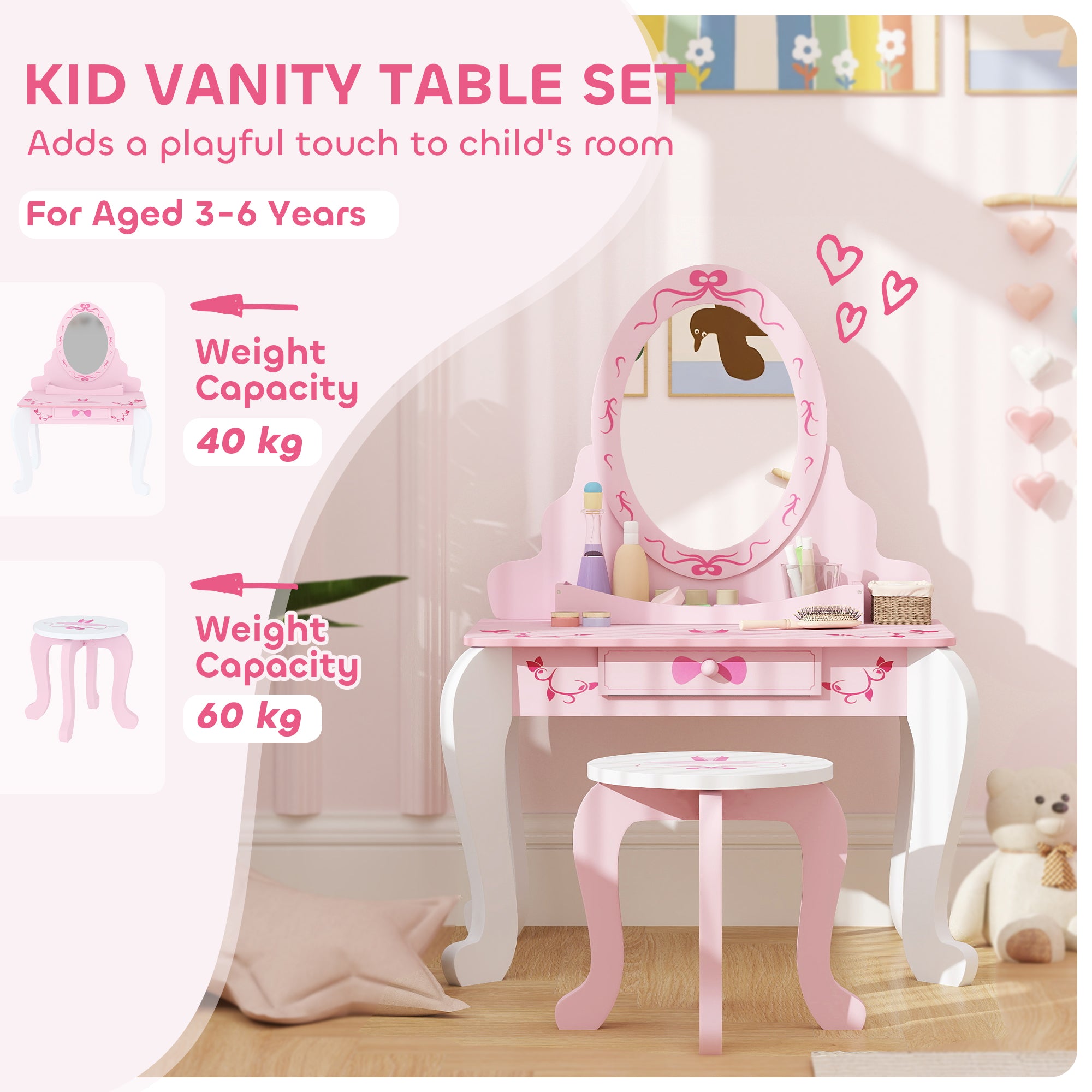 Kids Ballet Print Vanity Set with Mirror, Stool and Storage