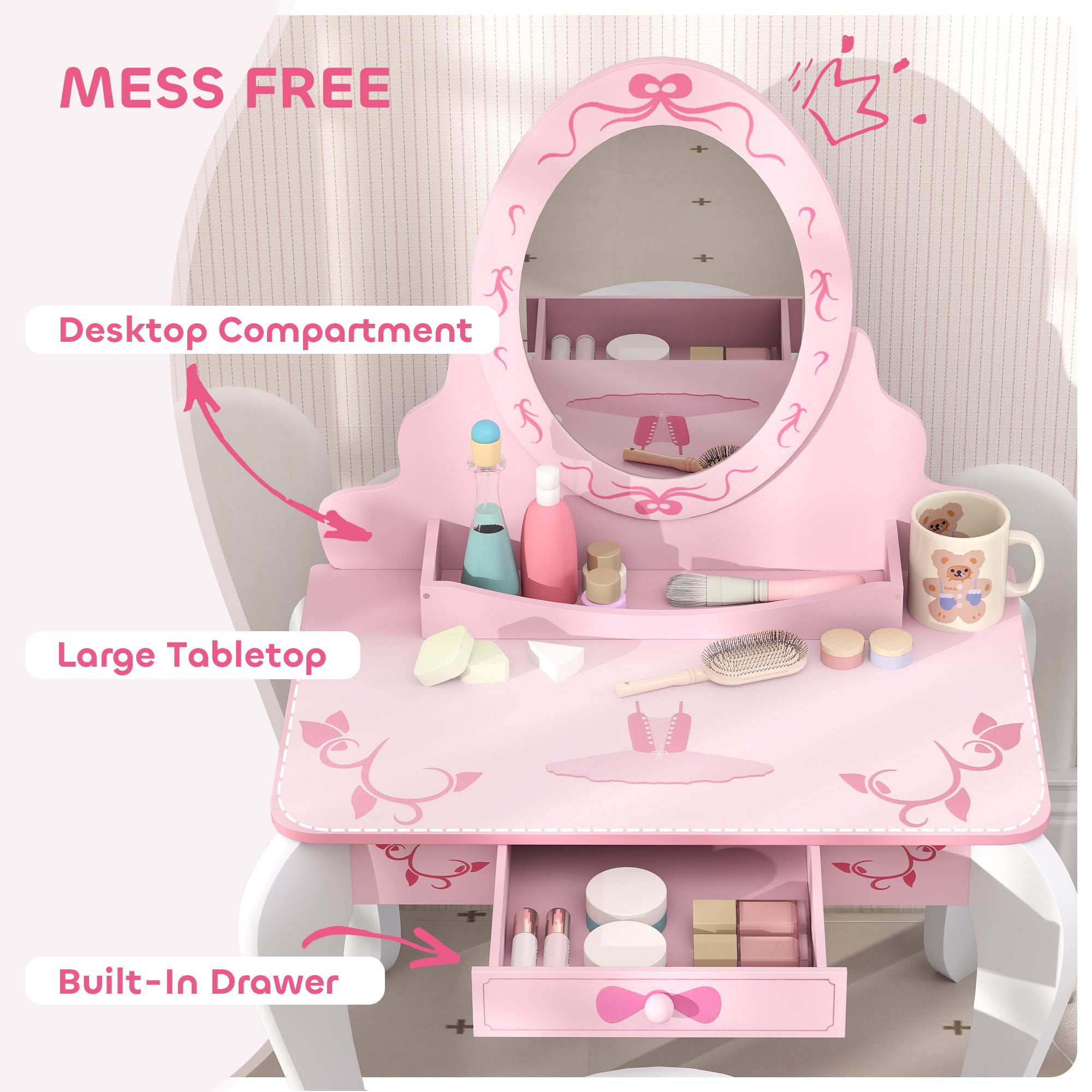 Kids Ballet Print Vanity Set with Mirror, Stool and Storage