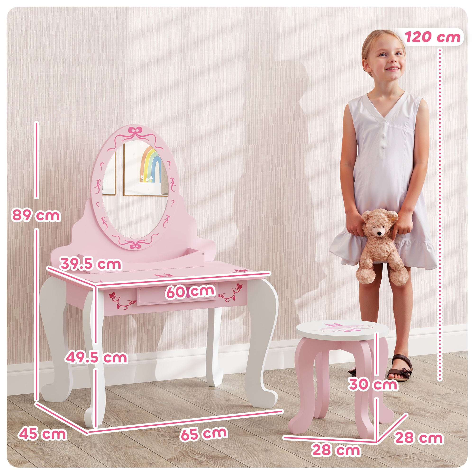 Kids Ballet Print Vanity Set with Mirror, Stool and Storage
