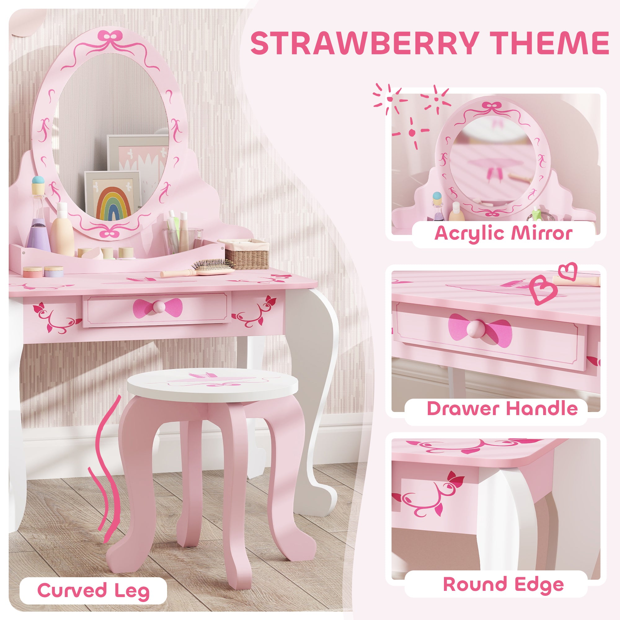 Kids Ballet Print Vanity Set with Mirror, Stool and Storage