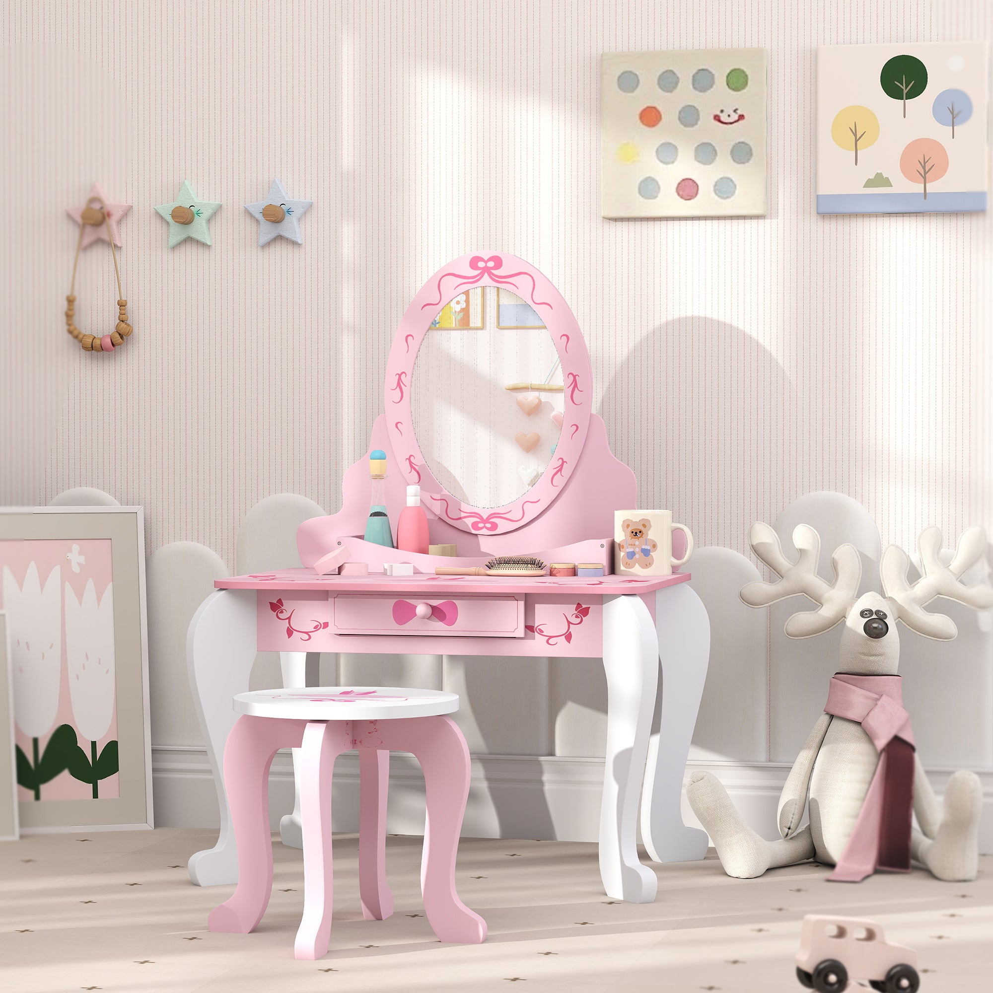 Kids Ballet Print Vanity Set with Mirror, Stool and Storage