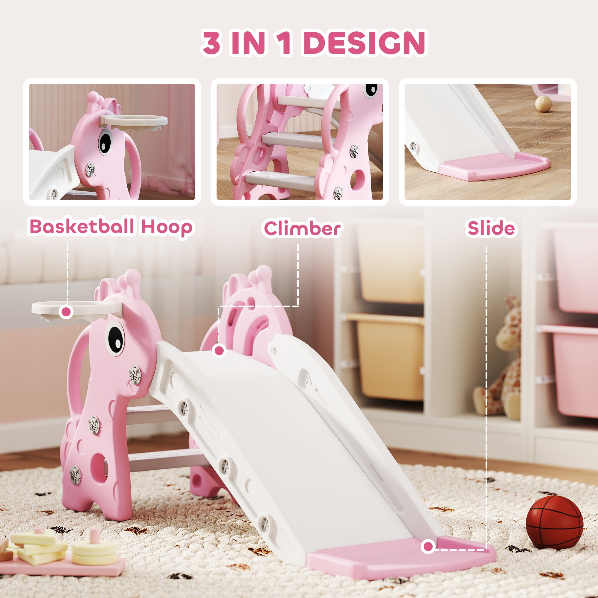 AIYAPLAY 3-in-1 Kids Slide Climber with Basketball Hoop, Pink