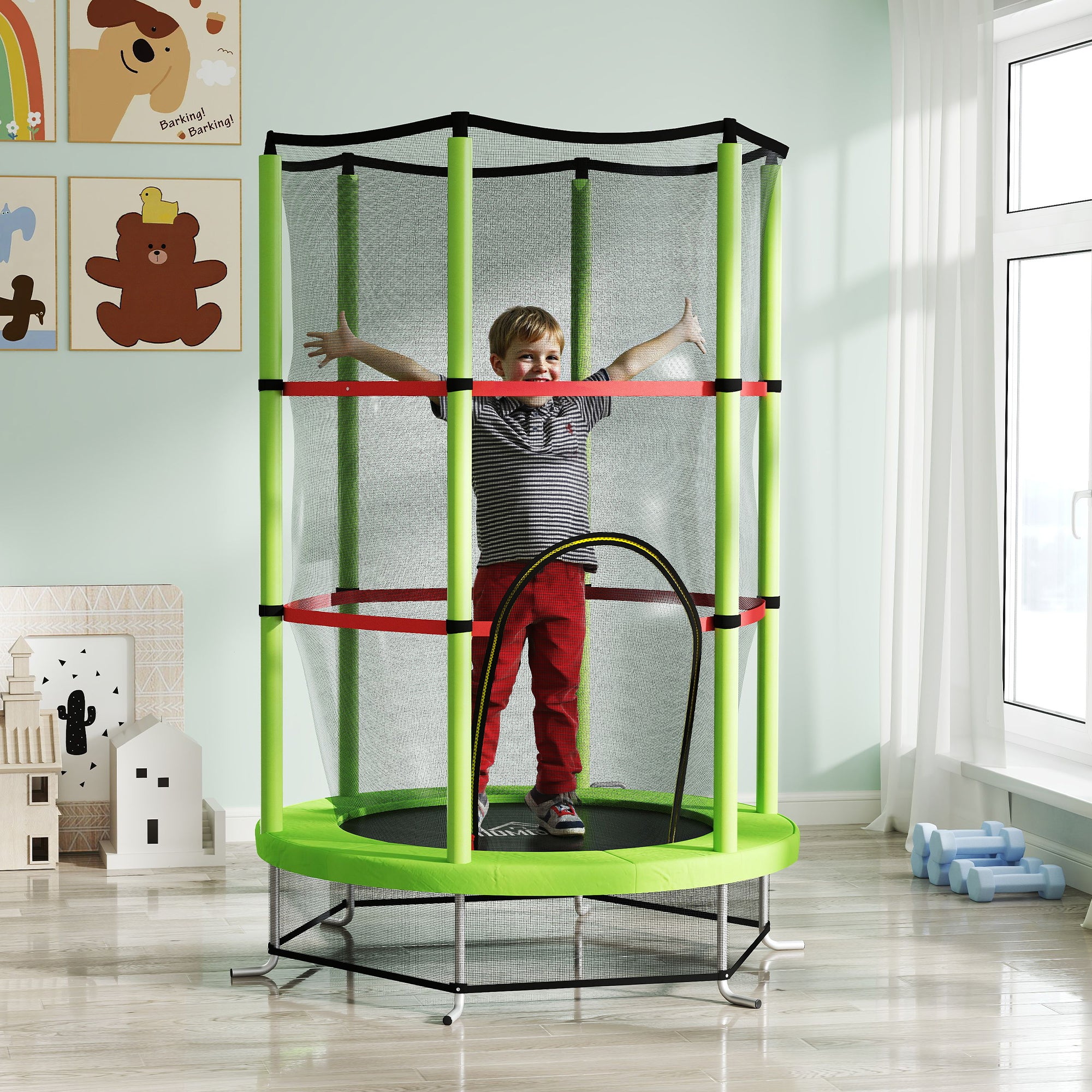 HOMCOM Kids Mini Trampoline with Enclosure Net, Ages 3-6, Green