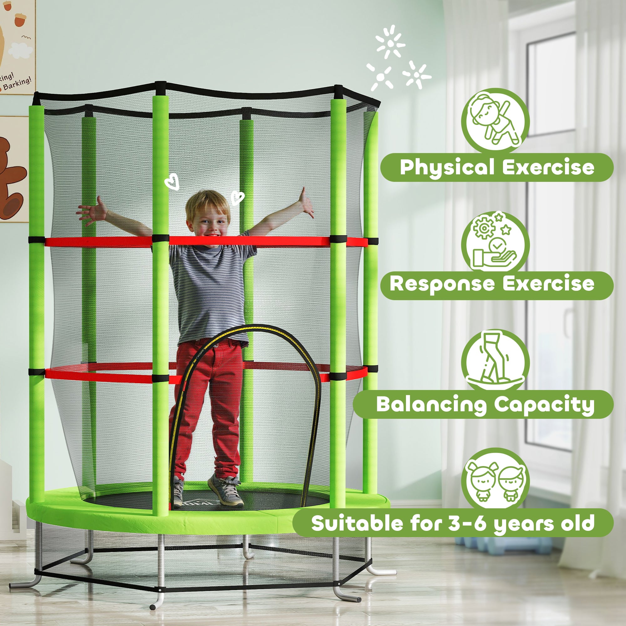 HOMCOM Kids Mini Trampoline with Enclosure Net, Ages 3-6, Green