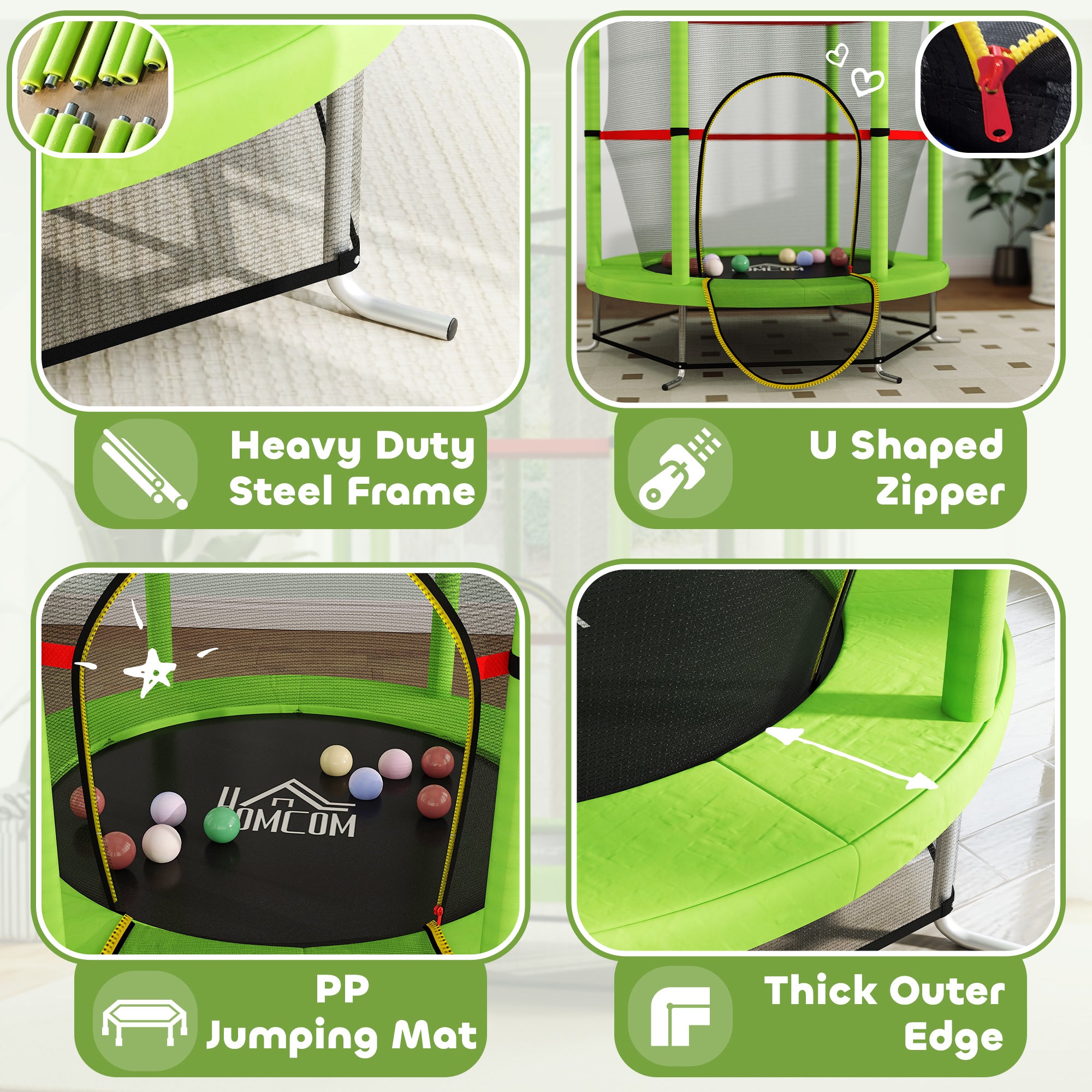 HOMCOM Kids Mini Trampoline with Enclosure Net, Ages 3-6, Green