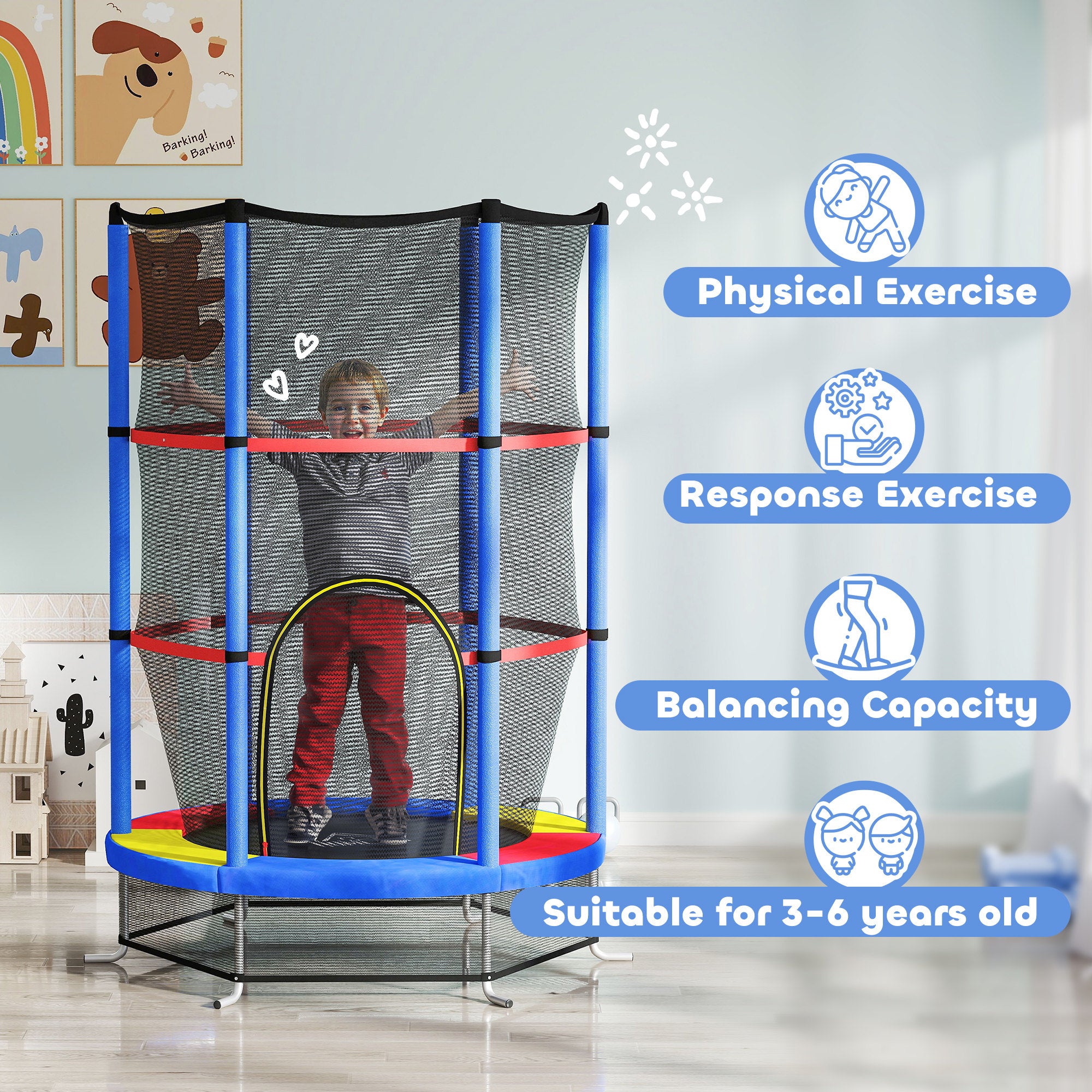 HOMCOM Kids Mini Trampoline with Enclosure Net, Ages 3-6