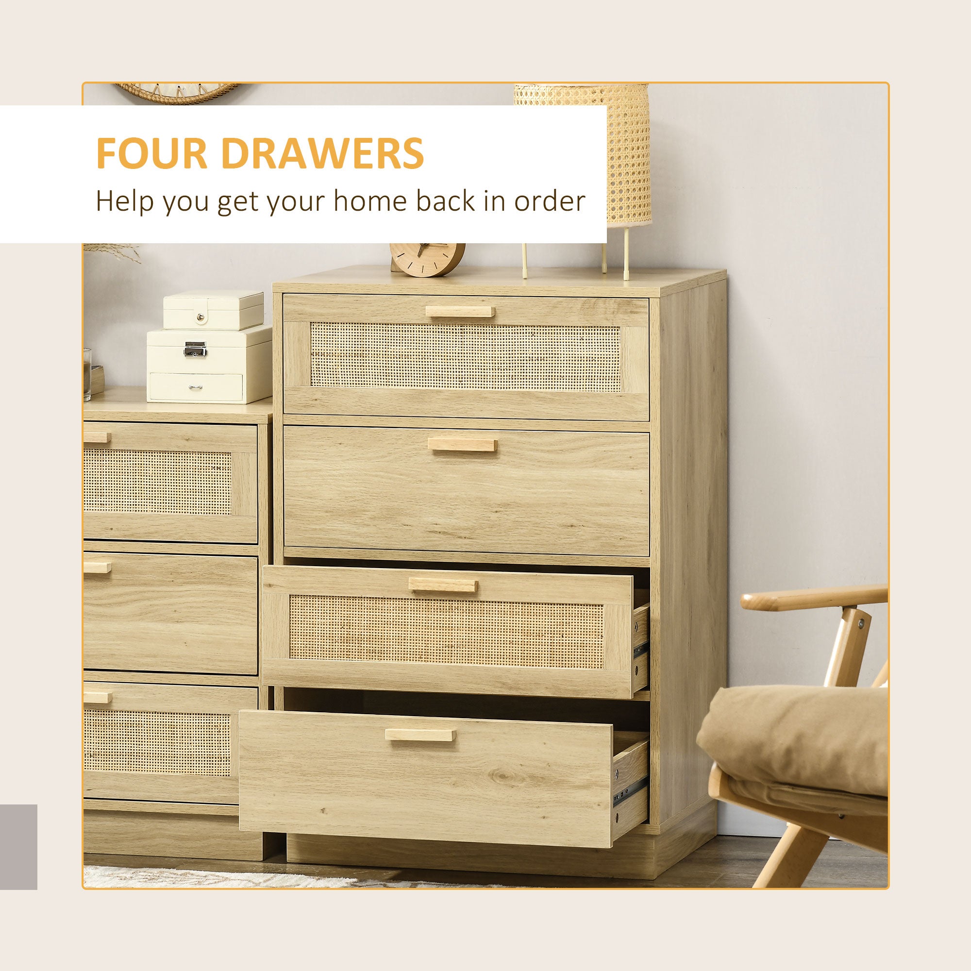 HOMCOM 4-Drawer Rattan Chest of Drawers, Natural Wood Finish