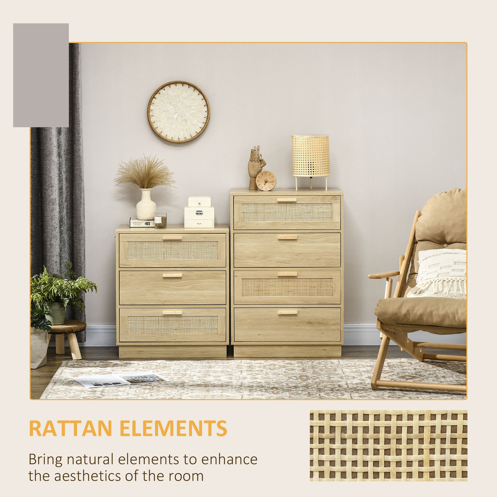 HOMCOM 4-Drawer Rattan Chest of Drawers, Natural Wood Finish