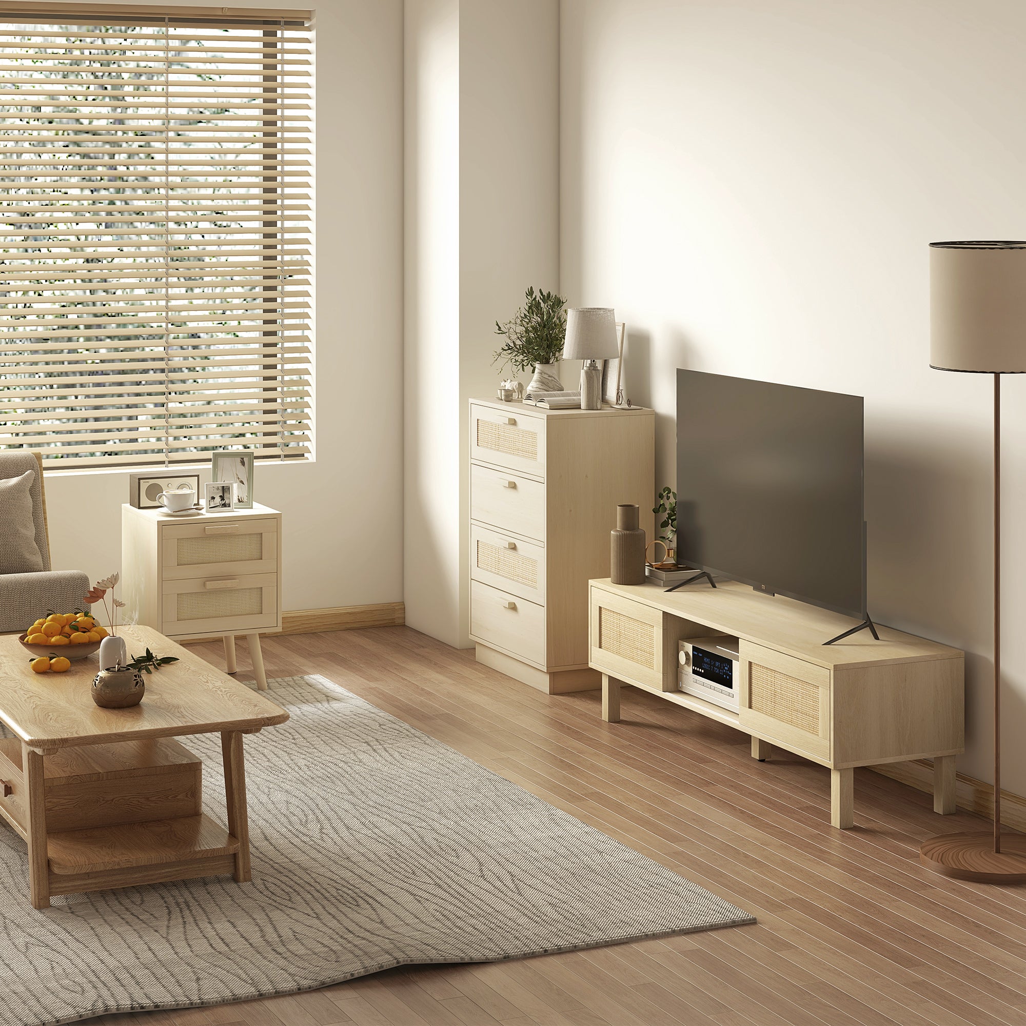HOMCOM 4-Drawer Rattan Chest of Drawers, Natural Wood Finish