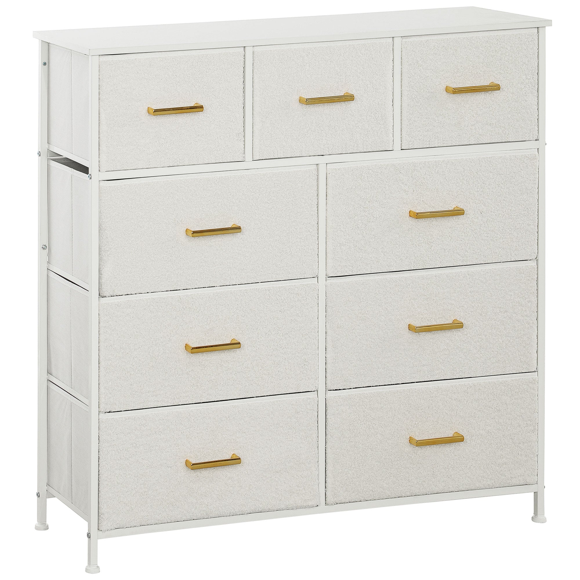 Cream White 9-Drawer Storage Unit with Boucle Fabric & Steel Frame