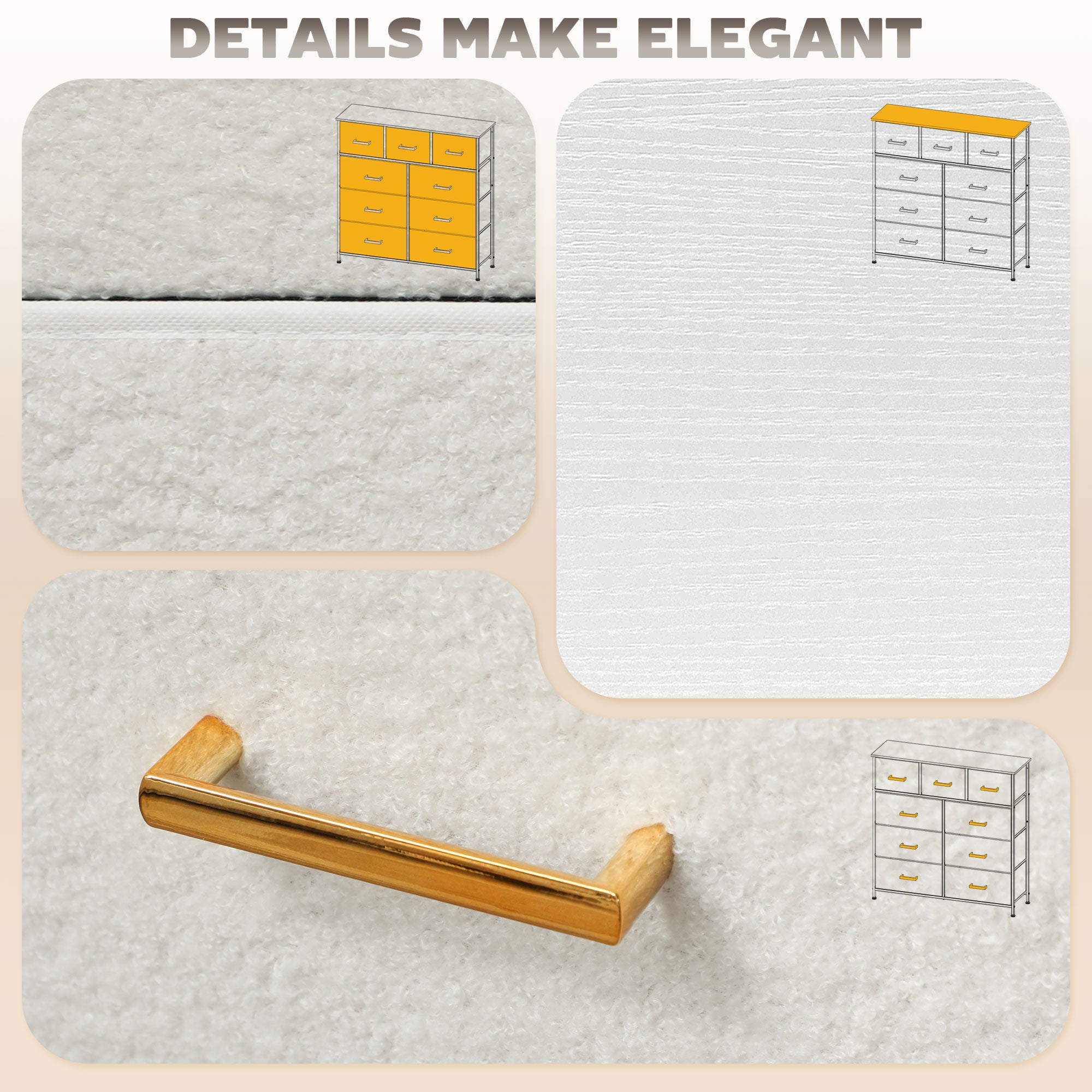 Cream White 9-Drawer Storage Unit with Boucle Fabric & Steel Frame