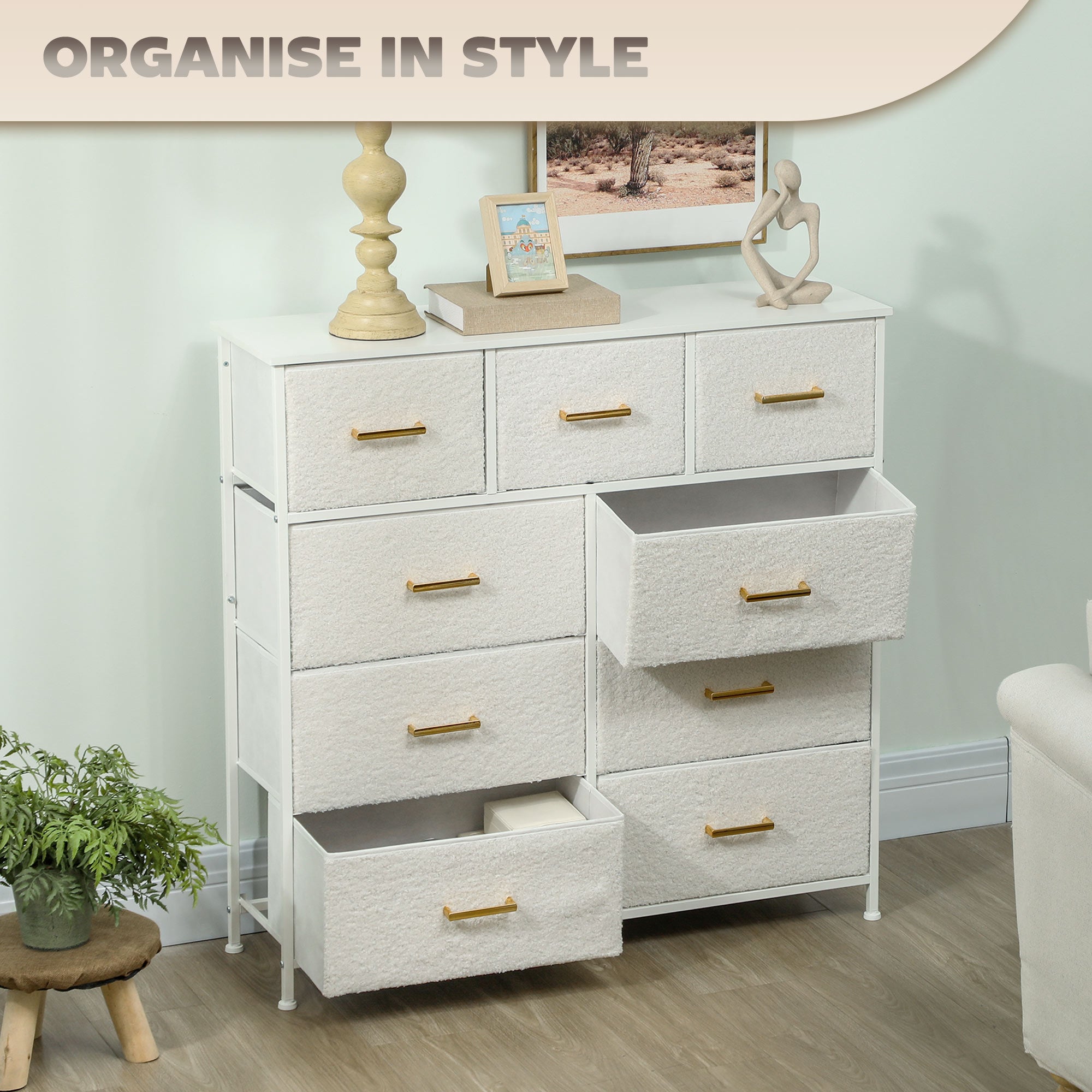 Cream White 9-Drawer Storage Unit with Boucle Fabric & Steel Frame
