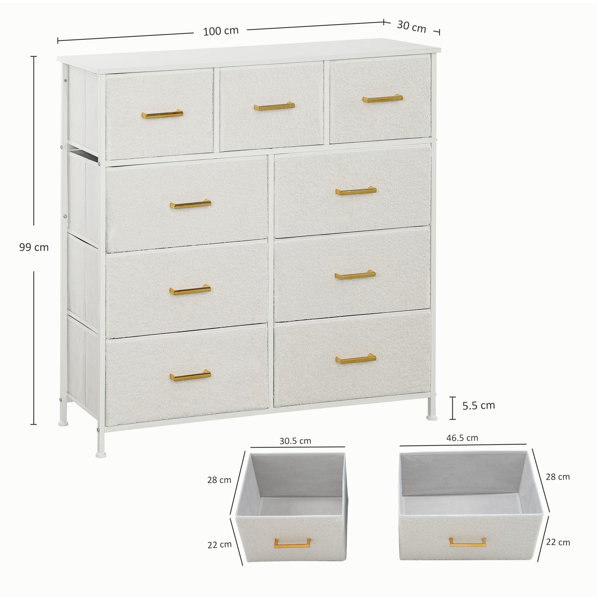Cream White 9-Drawer Storage Unit with Boucle Fabric & Steel Frame