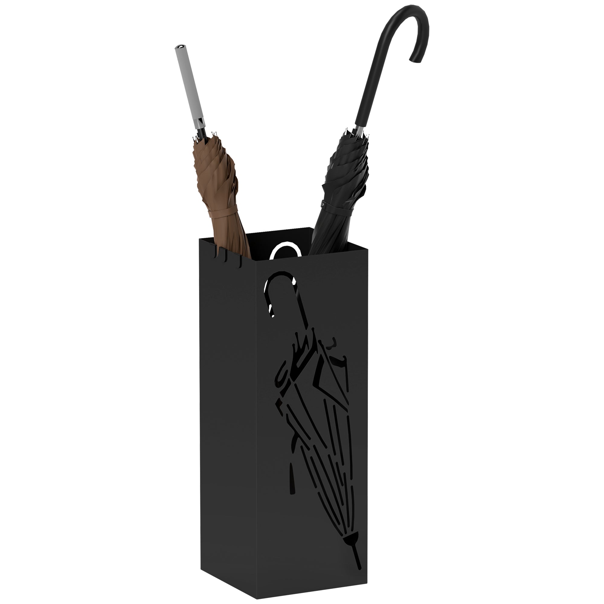 HOMCOM Black Square Umbrella Stand with Hooks and Drip Tray