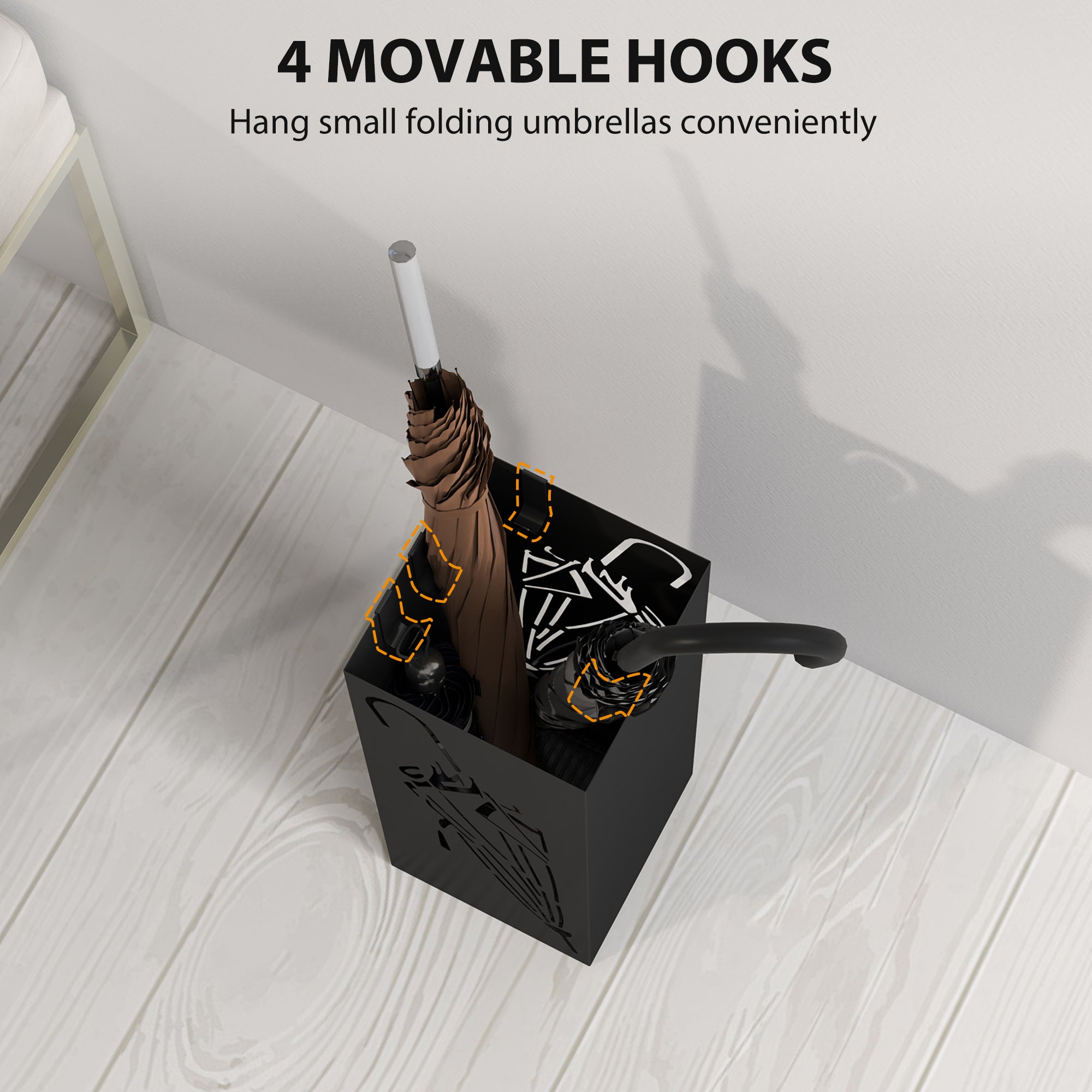 HOMCOM Black Square Umbrella Stand with Hooks and Drip Tray