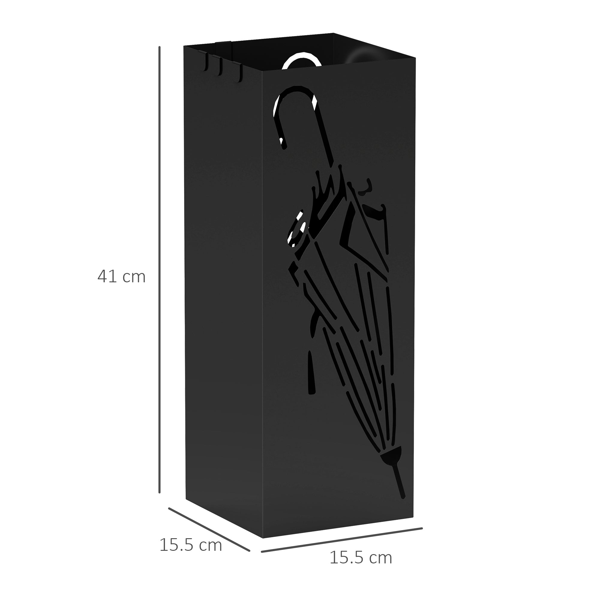 HOMCOM Black Square Umbrella Stand with Hooks and Drip Tray