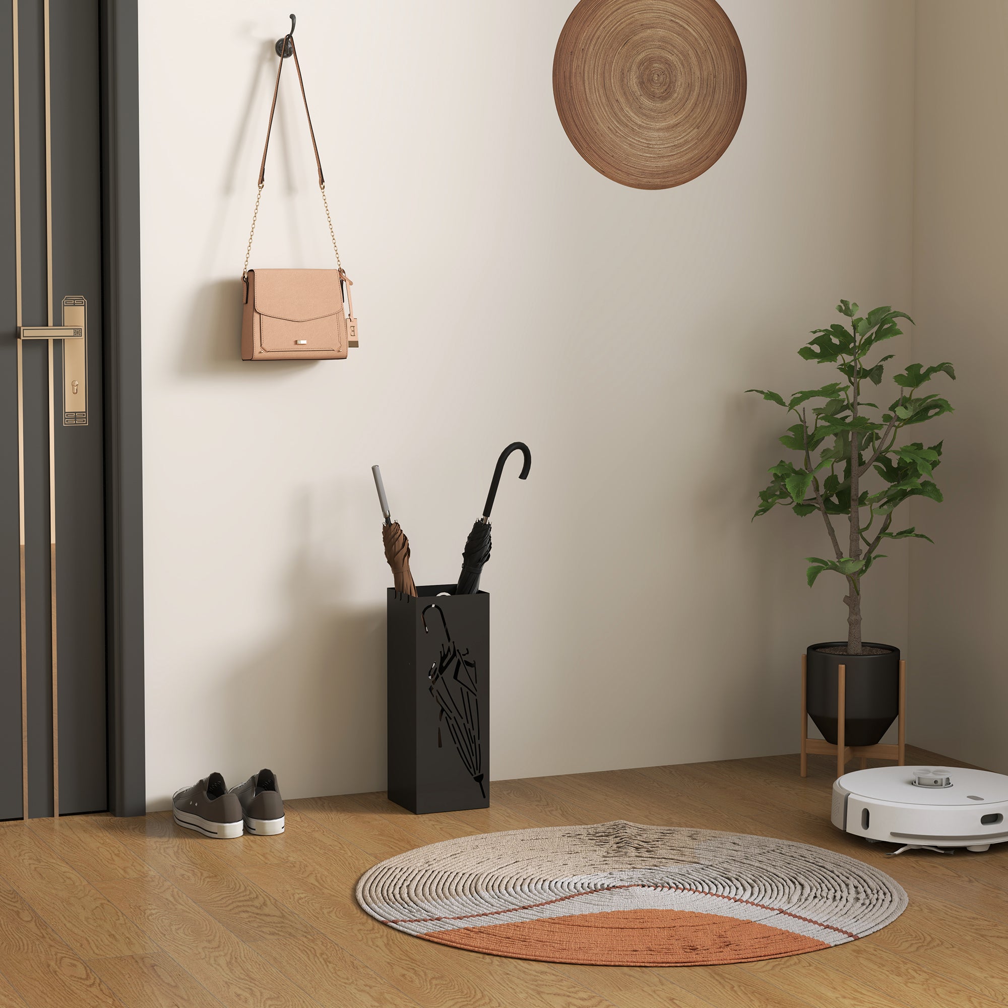 HOMCOM Black Square Umbrella Stand with Hooks and Drip Tray