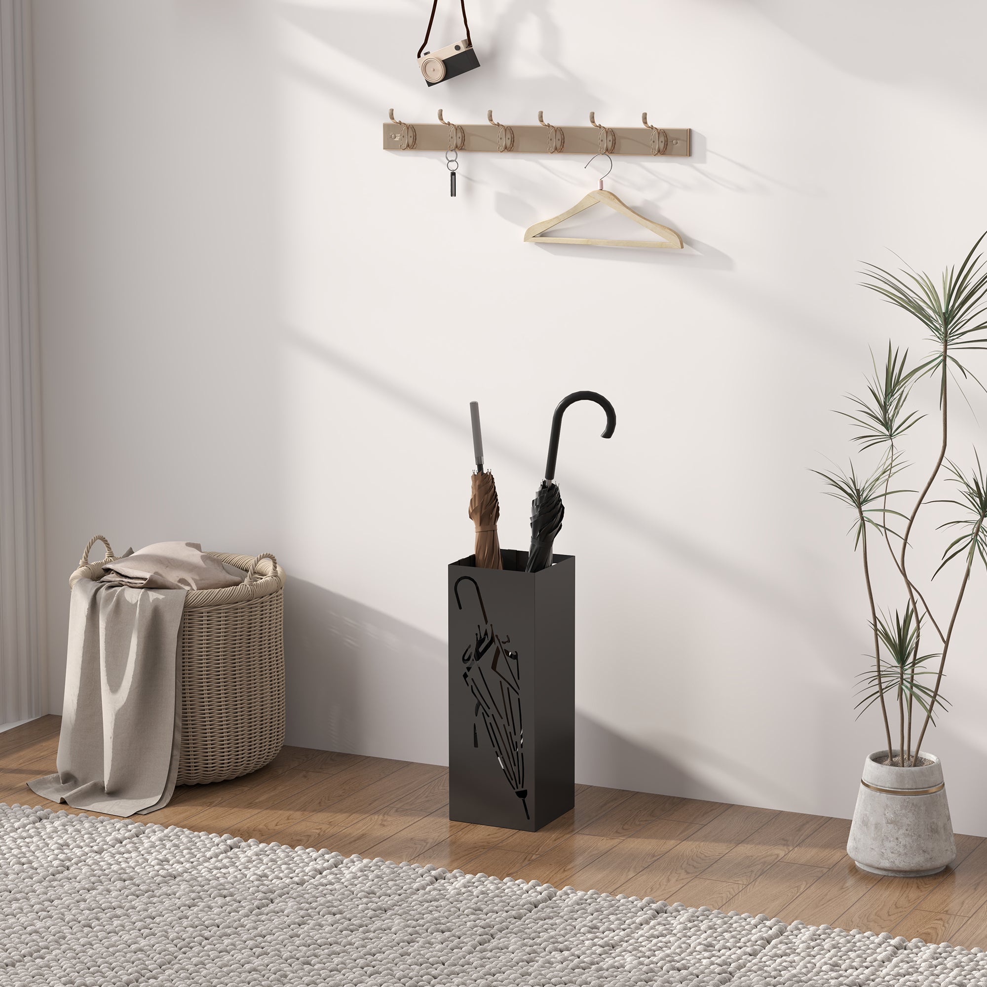 HOMCOM Black Square Umbrella Stand with Hooks and Drip Tray
