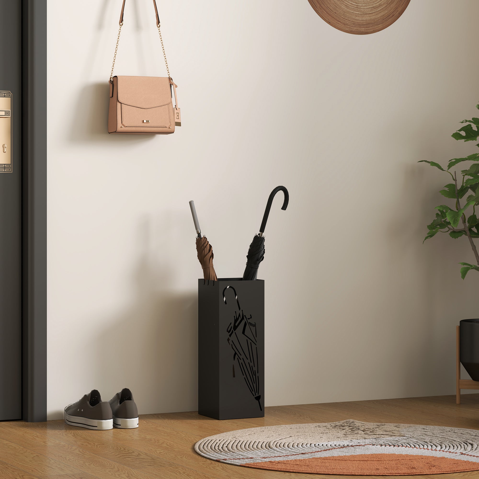 HOMCOM Black Square Umbrella Stand with Hooks and Drip Tray