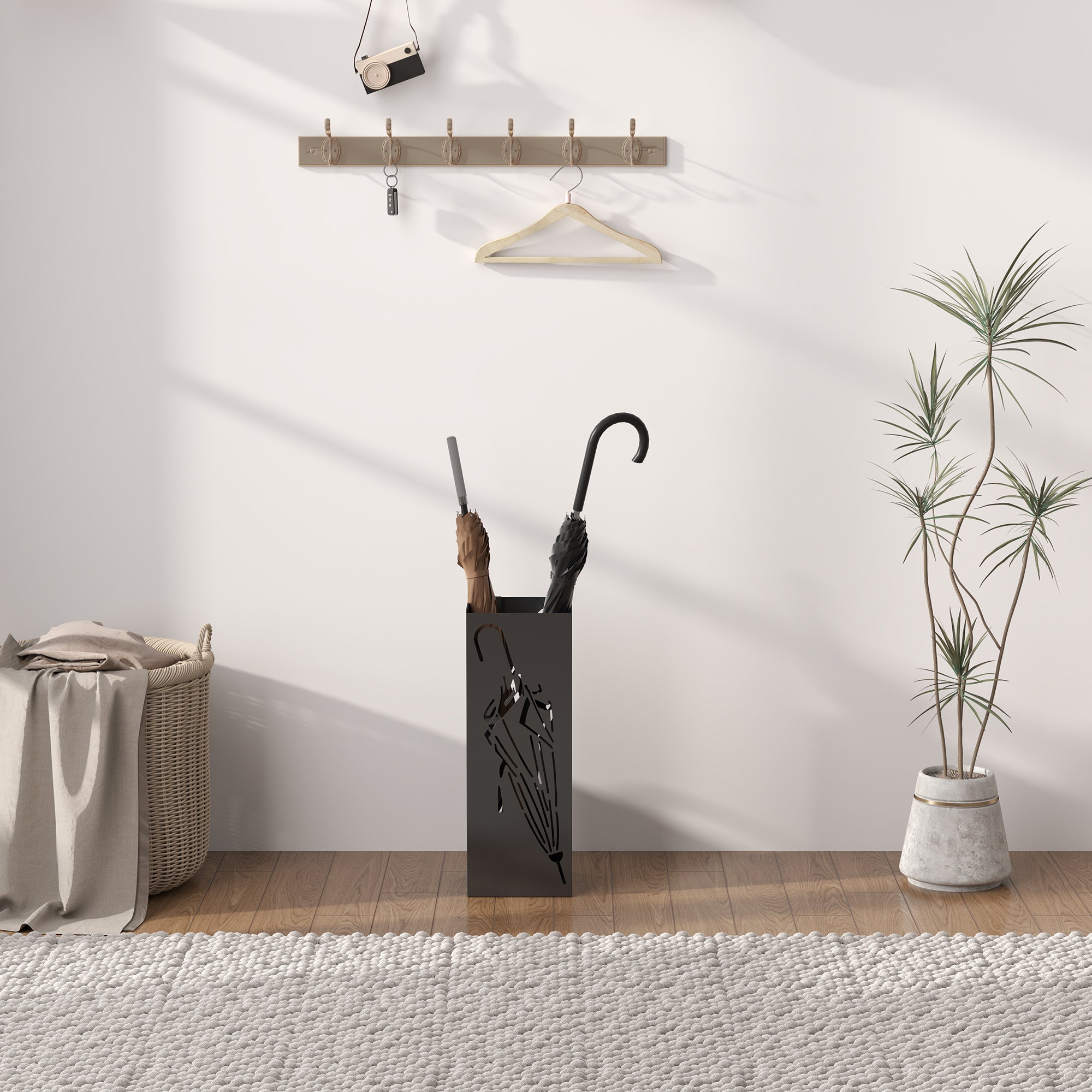 HOMCOM Black Square Umbrella Stand with Hooks and Drip Tray
