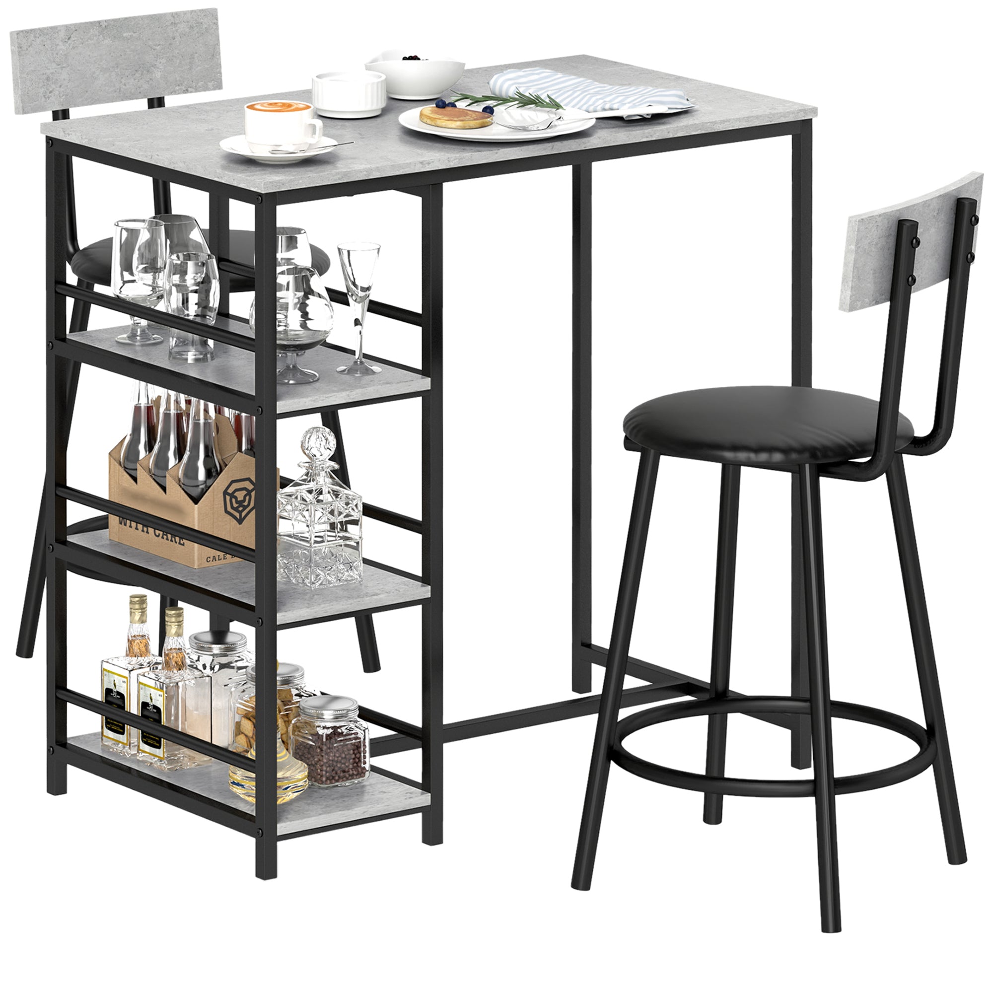 HOMCOM Light Grey 3-Piece Space-Saving Dining Set with Shelves