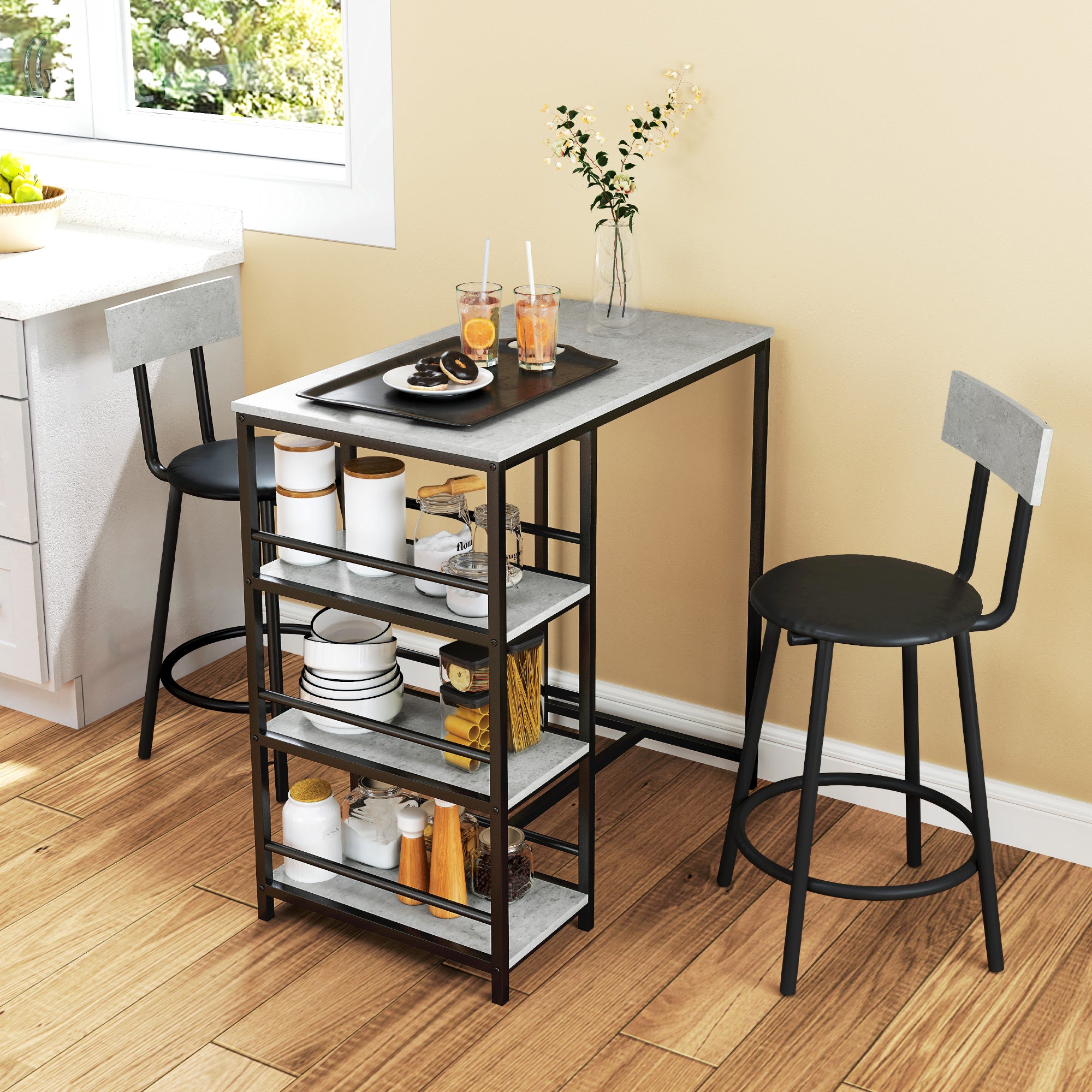 HOMCOM Light Grey 3-Piece Space-Saving Dining Set with Shelves