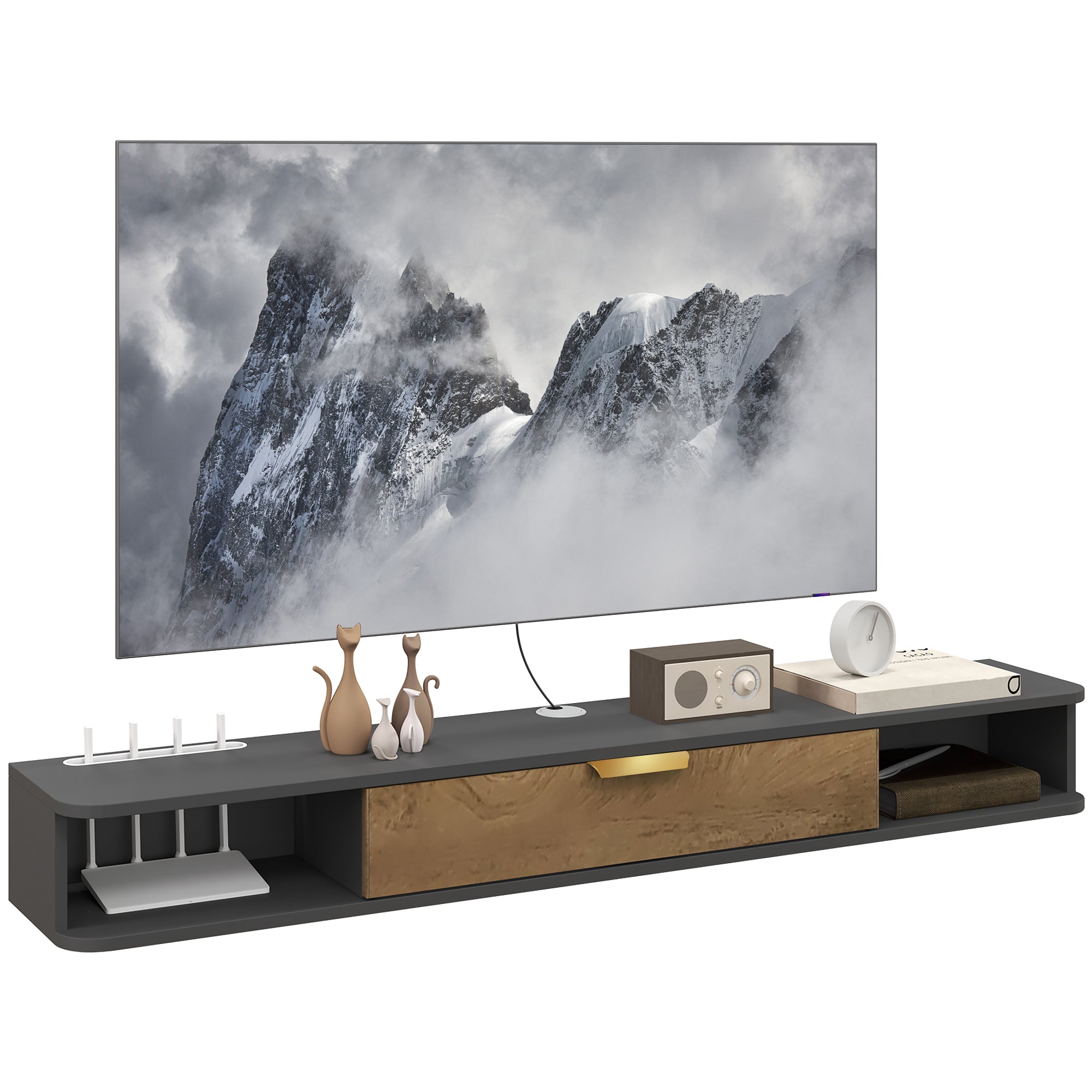 HOMCOM 140cm Wall-Mounted Floating TV Unit with Storage, Grey