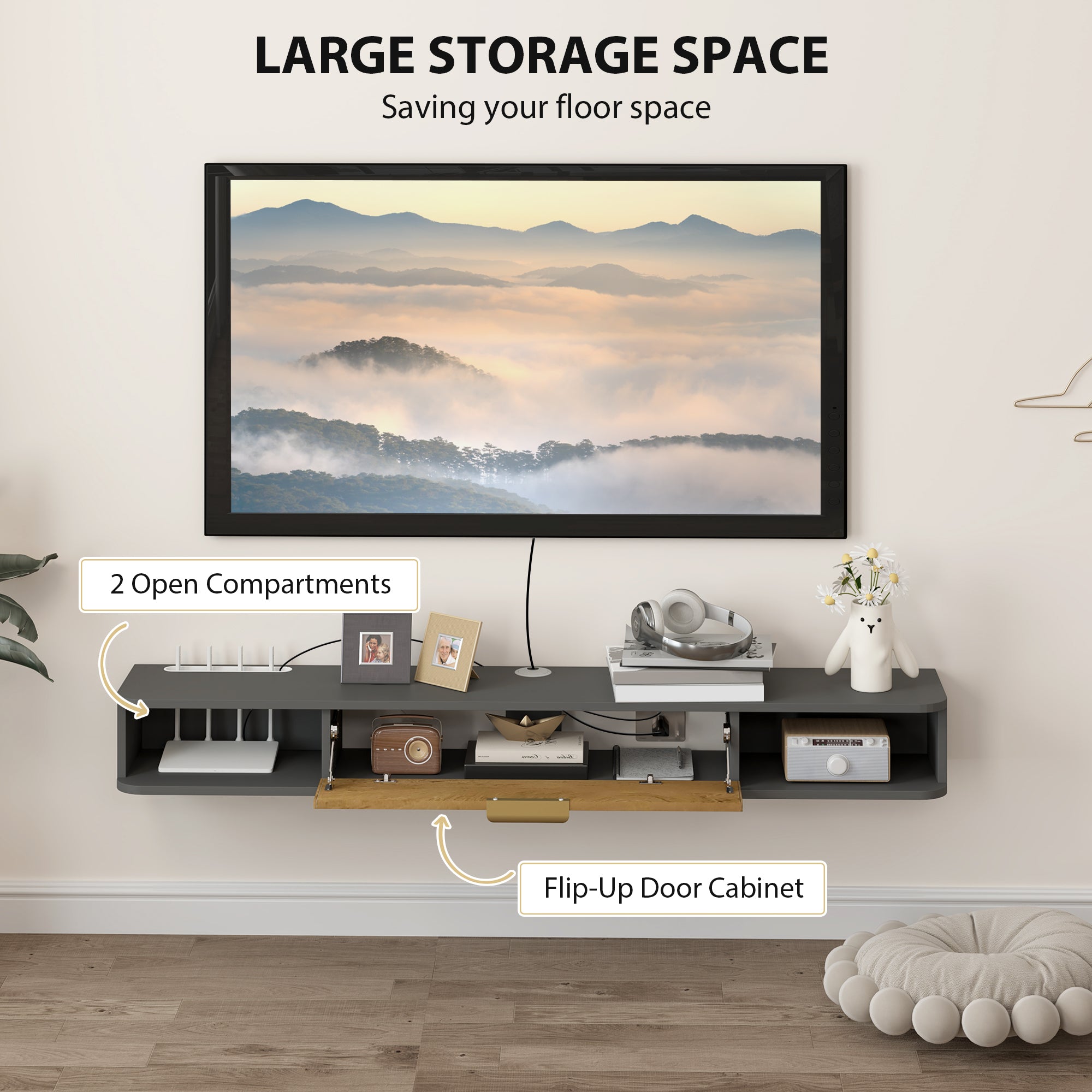 HOMCOM 140cm Wall-Mounted Floating TV Unit with Storage, Grey