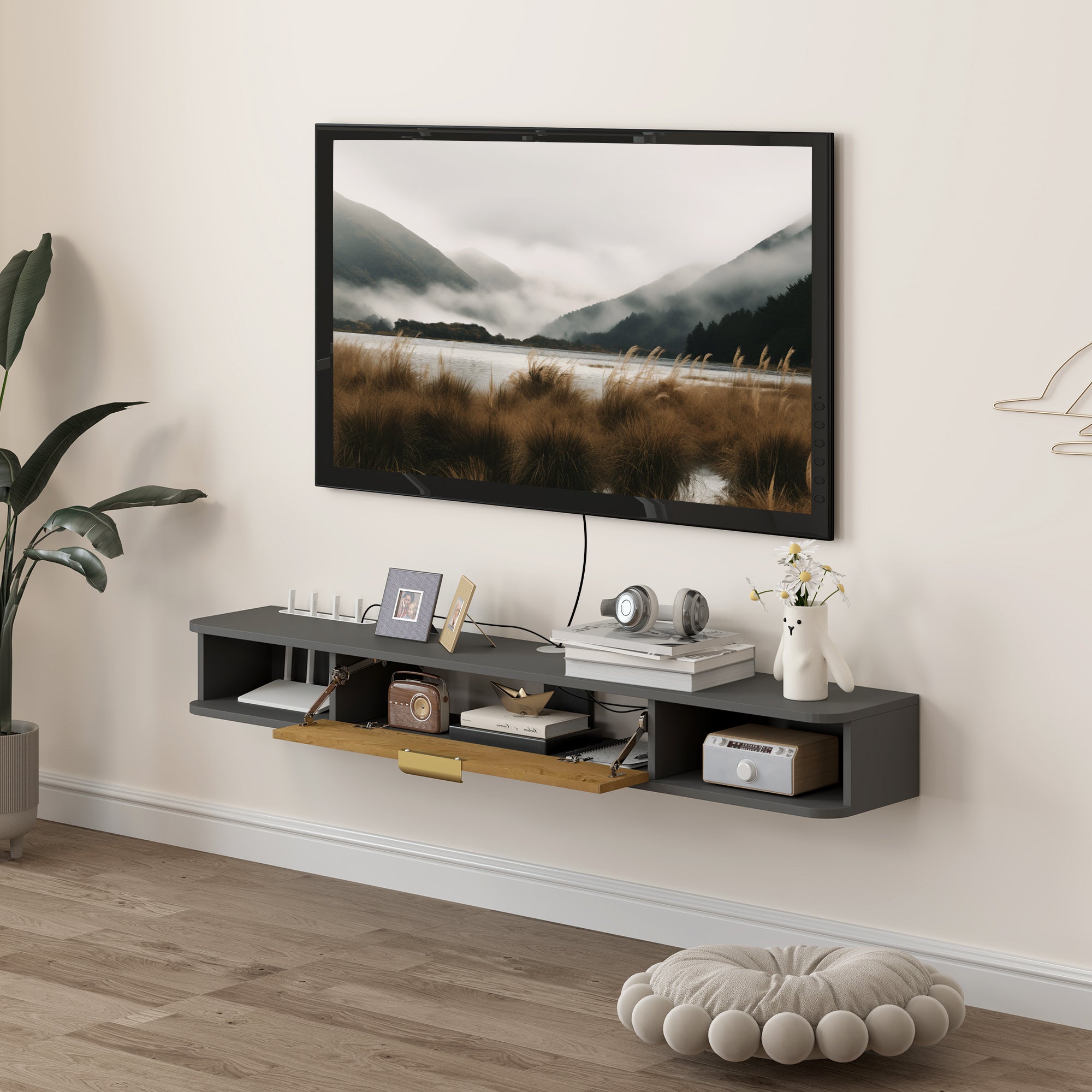 HOMCOM 140cm Wall-Mounted Floating TV Unit with Storage, Grey