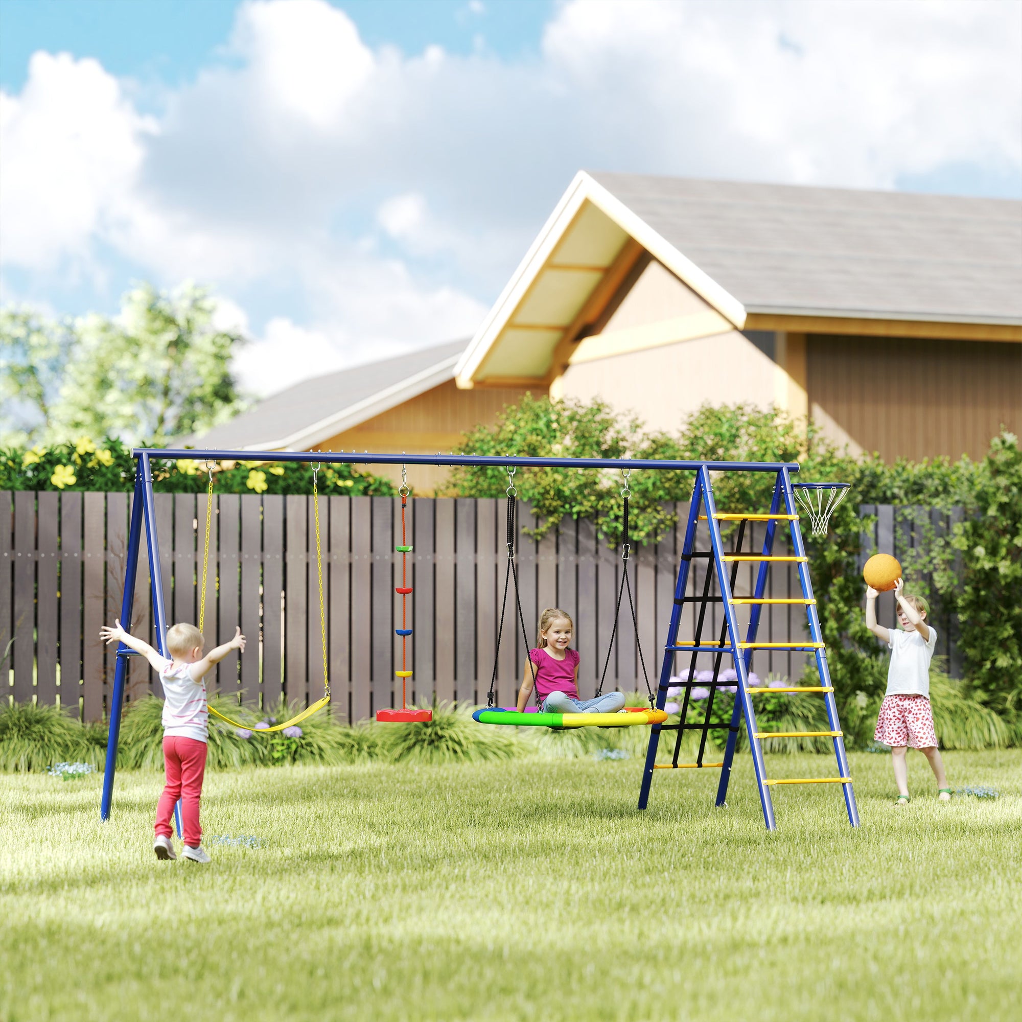 AIYAPLAY 6-in-1 Kids Swing Set with 3 Swings, Net & Ladder