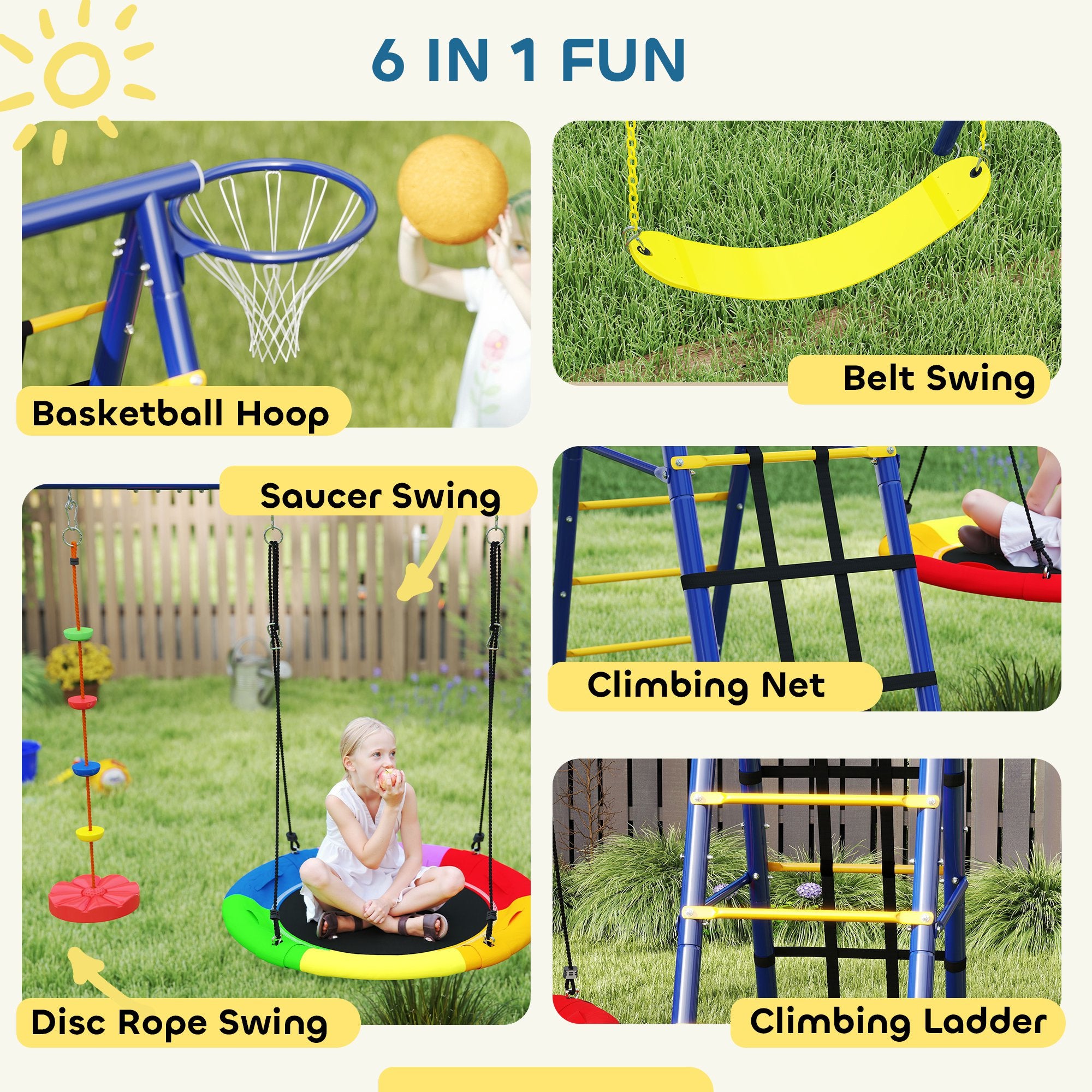 AIYAPLAY 6-in-1 Kids Swing Set with 3 Swings, Net & Ladder