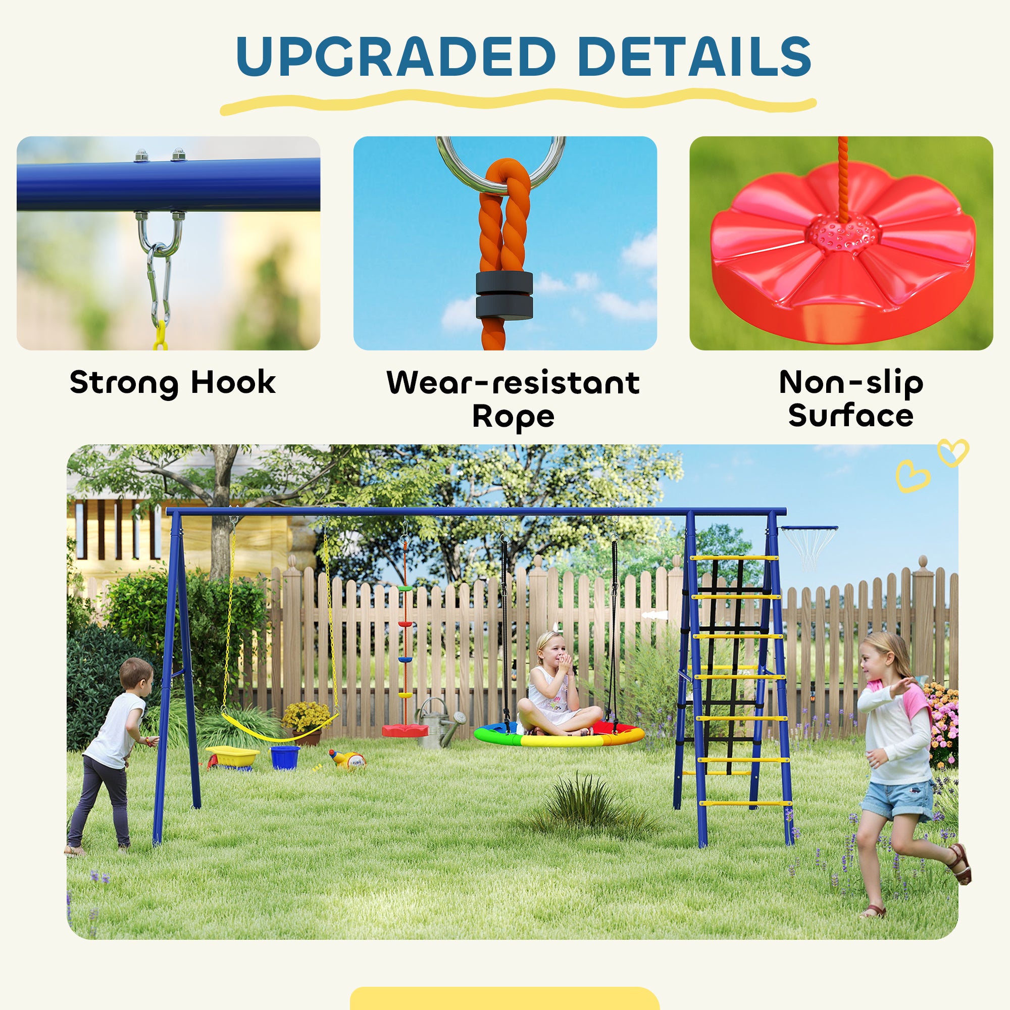 AIYAPLAY 6-in-1 Kids Swing Set with 3 Swings, Net & Ladder