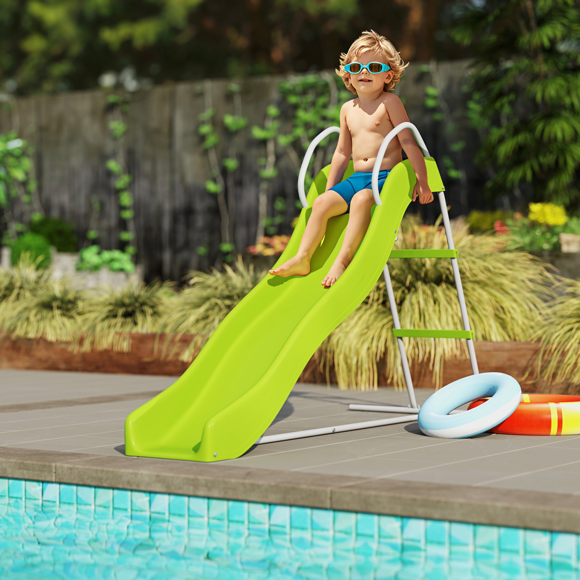 AIYAPLAY Freestanding Kids Wavy Slide with Ladder, Green