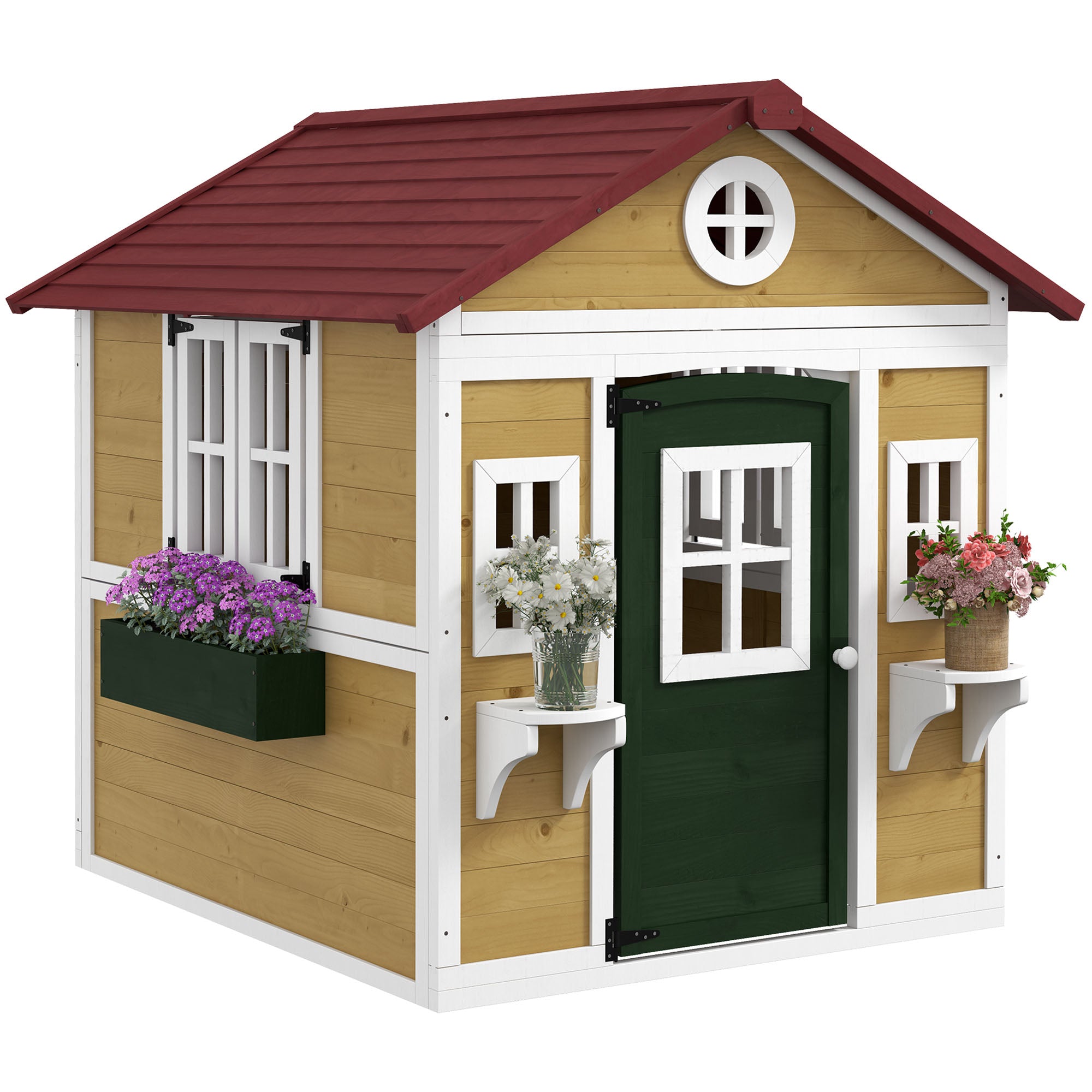 Outsunny Wooden Kids Playhouse with Doors, Windows & Plant Pots - Beige
