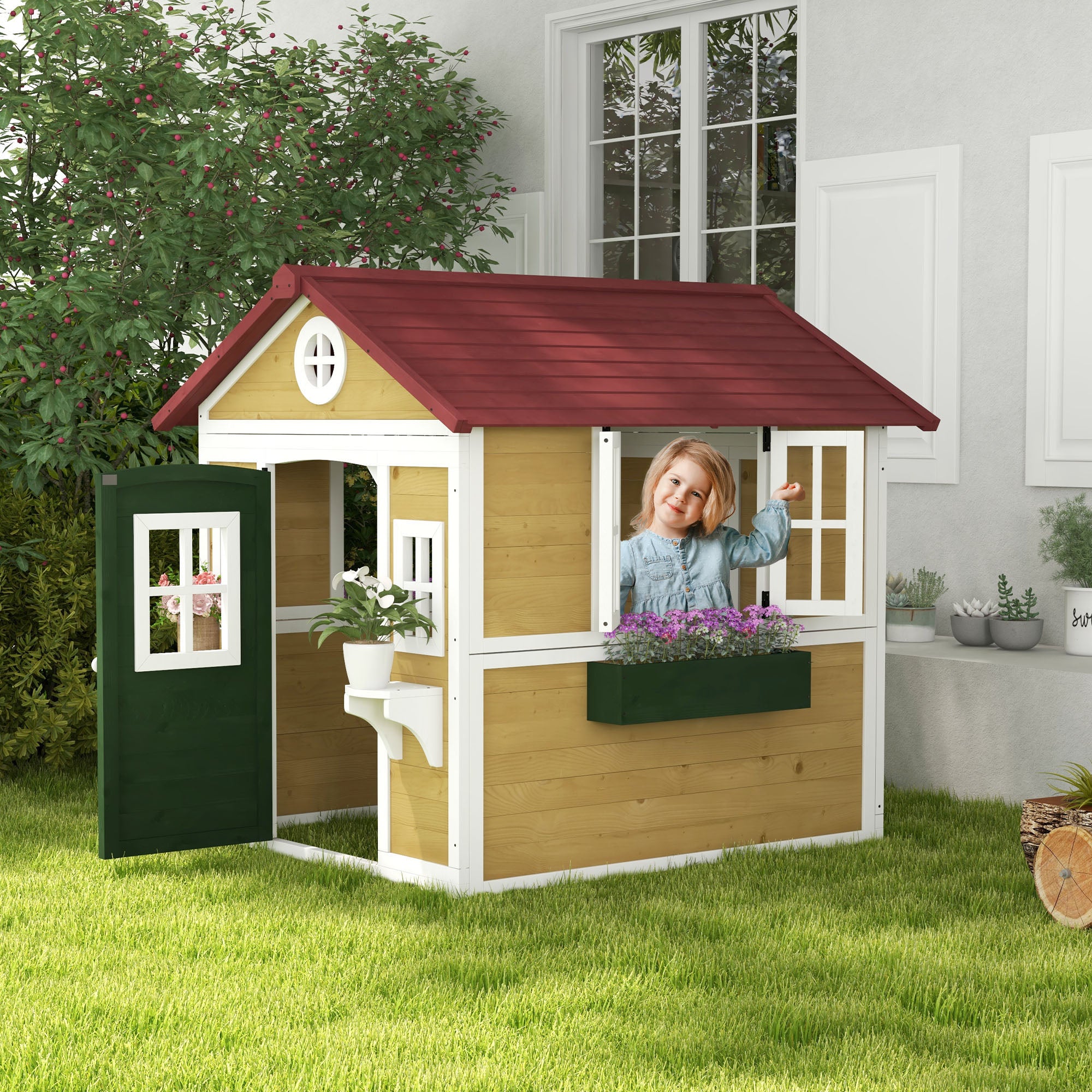 Outsunny Wooden Kids Playhouse with Doors, Windows & Plant Pots - Beige