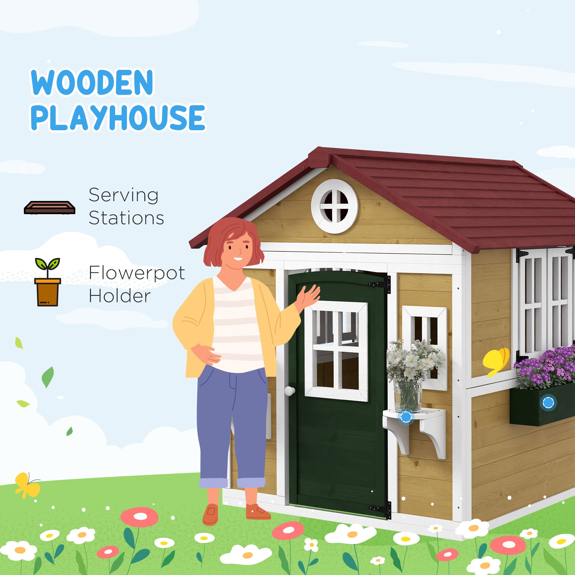 Outsunny Wooden Kids Playhouse with Doors, Windows & Plant Pots - Beige