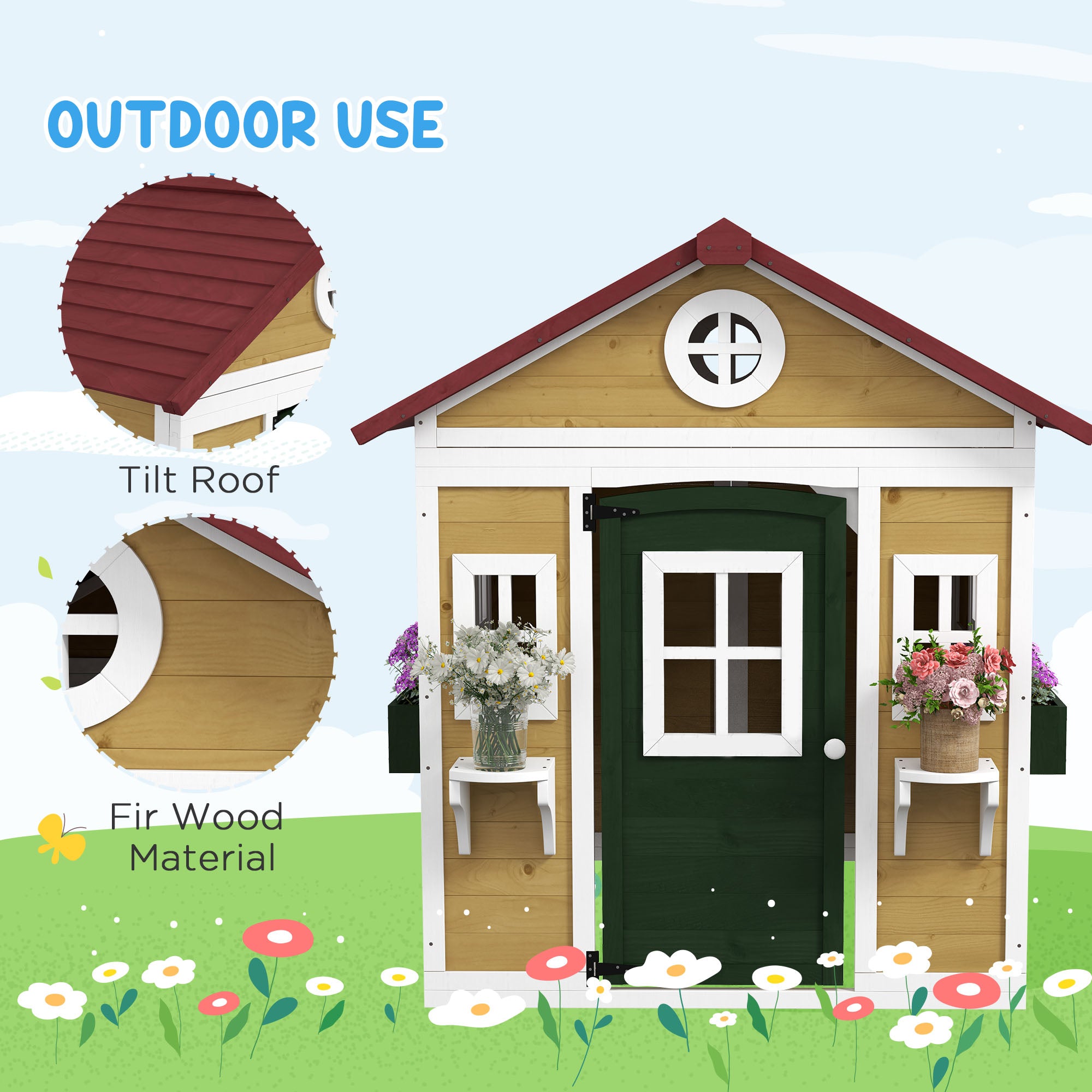 Outsunny Wooden Kids Playhouse with Doors, Windows & Plant Pots - Beige