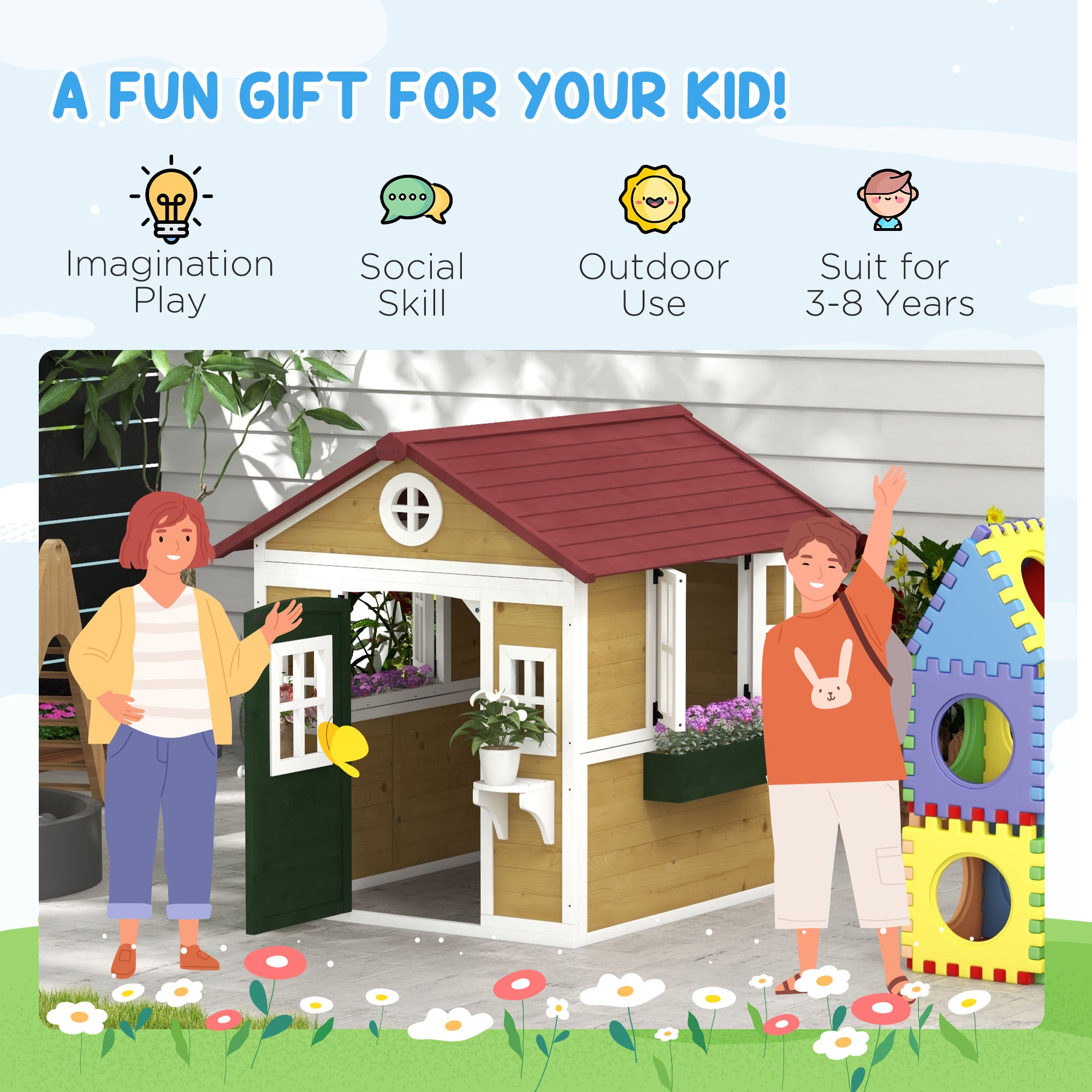 Outsunny Wooden Kids Playhouse with Doors, Windows & Plant Pots - Beige